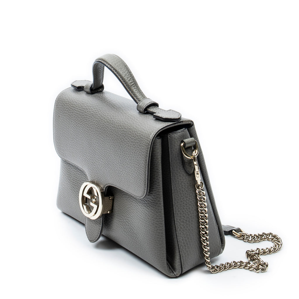 Shoulder Bag Interlocking G Top Handle Grey Grained Calfskin Leather