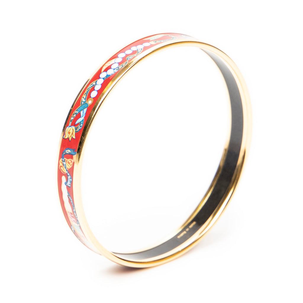 Bracelet Enamel Bangle PM Red Folded Fans and Ribbon Motif