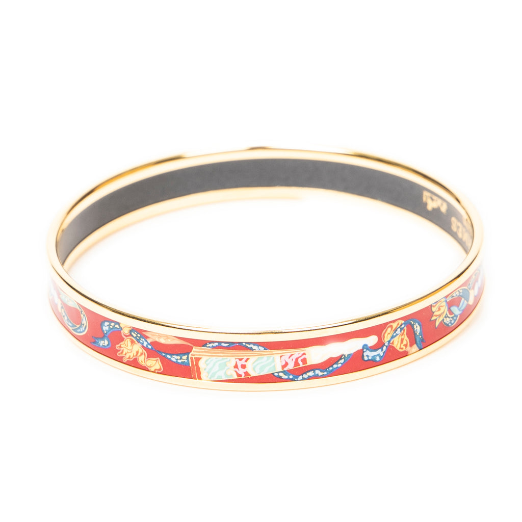 Bracelet Enamel Bangle PM Red Folded Fans and Ribbon Motif