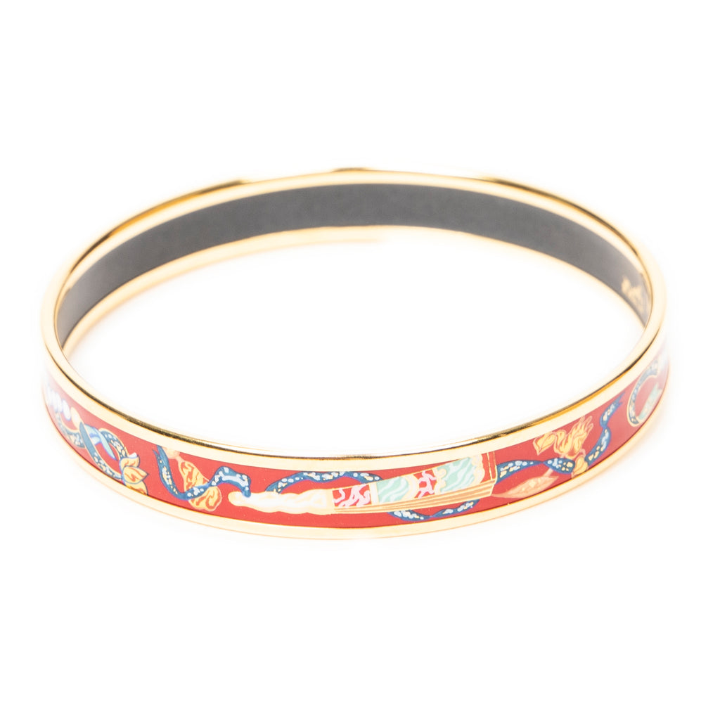 Bracelet Enamel Bangle PM Red Folded Fans and Ribbon Motif