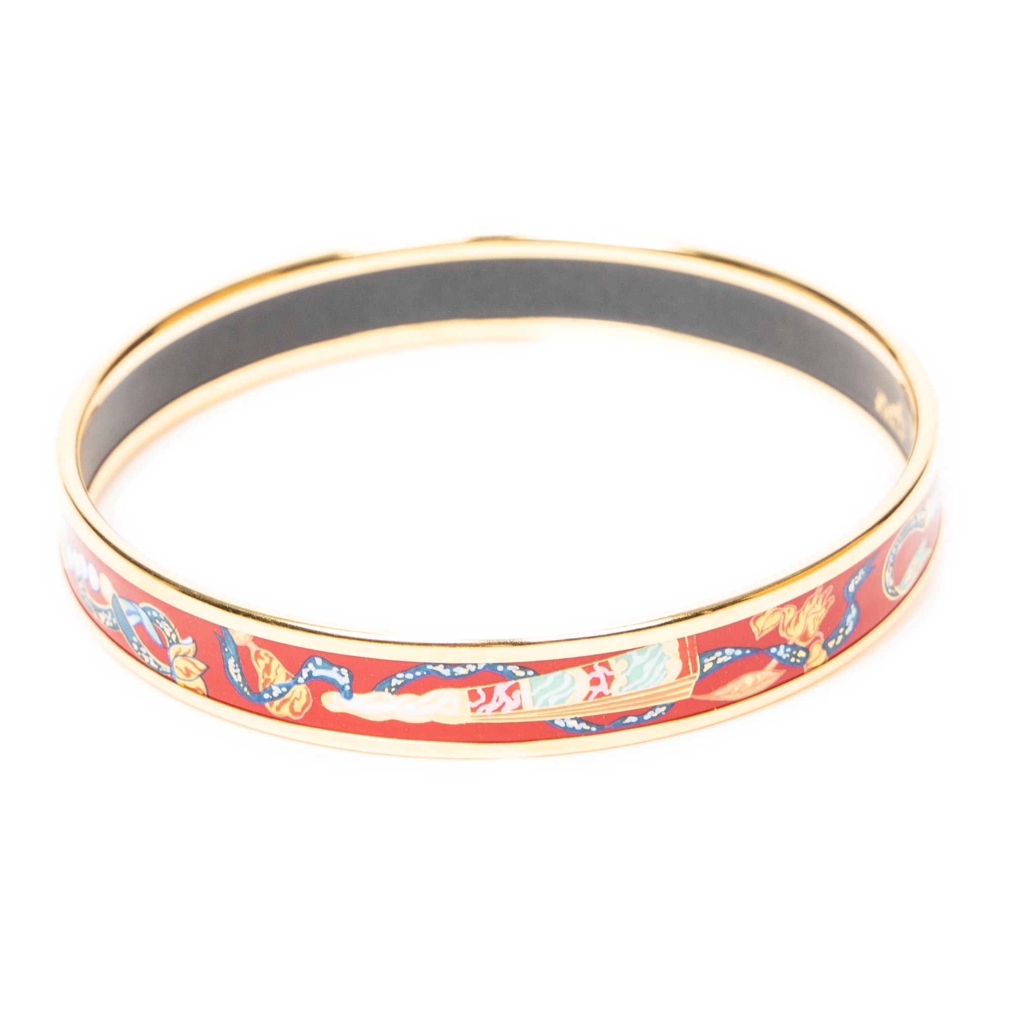 Bracelet Enamel Bangle PM Red Folded Fans and Ribbon Motif