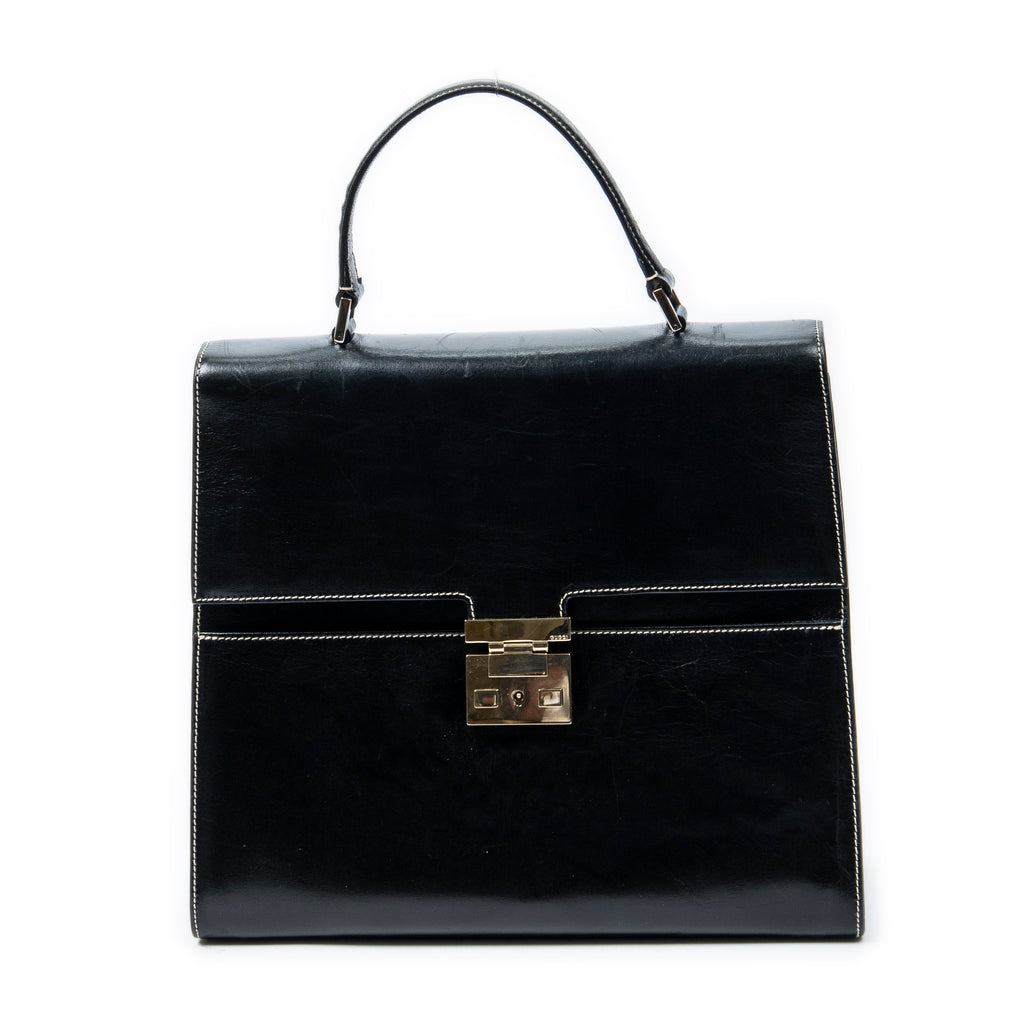 Shoulder Bag Vintage Push Lock Top Handle Black Smooth Calfskin Leather
