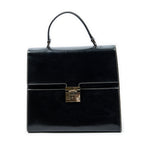 Shoulder Bag Vintage Push Lock Top Handle Black Smooth Calfskin Leather