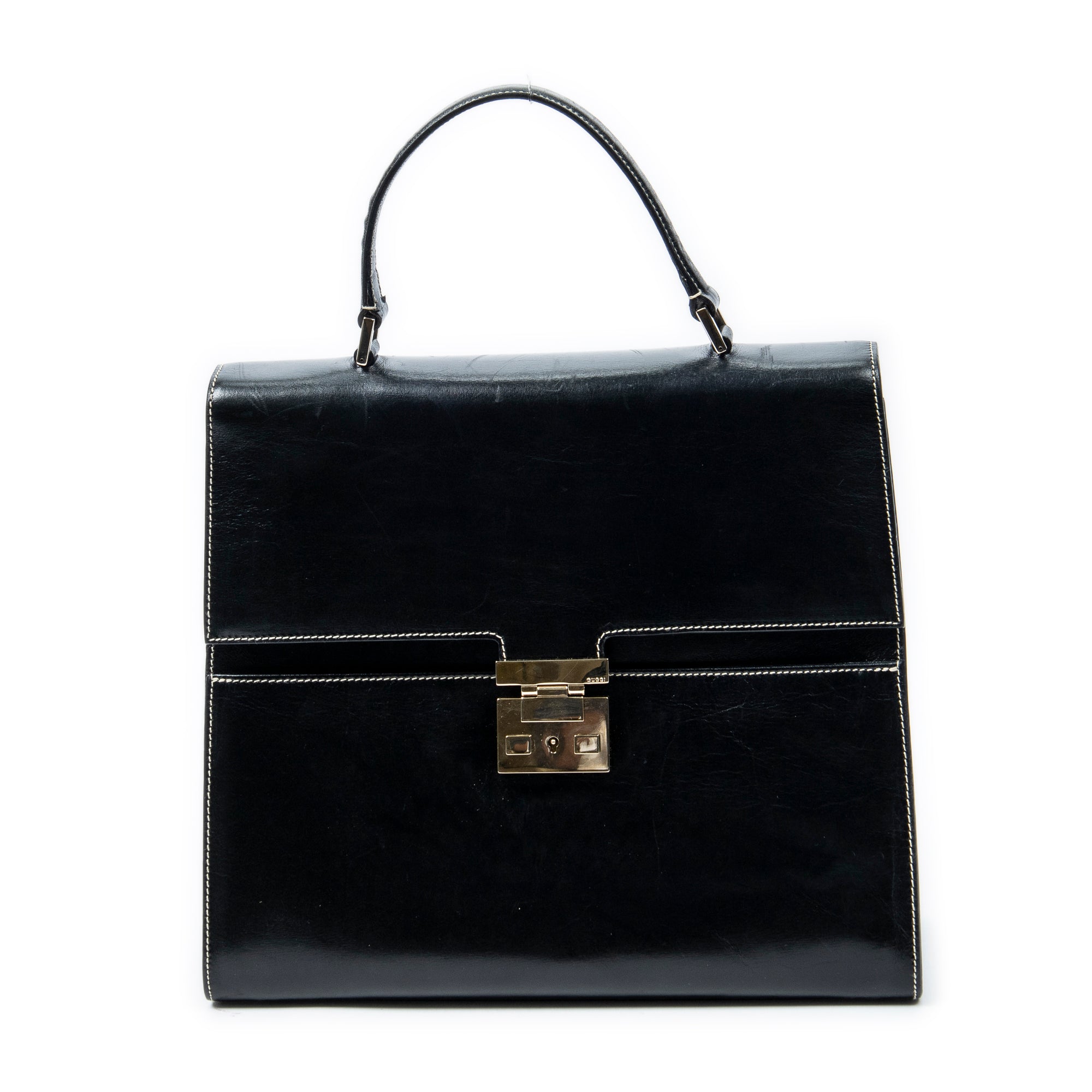 Shoulder Bag Vintage Push Lock Top Handle Black Smooth Calfskin Leather
