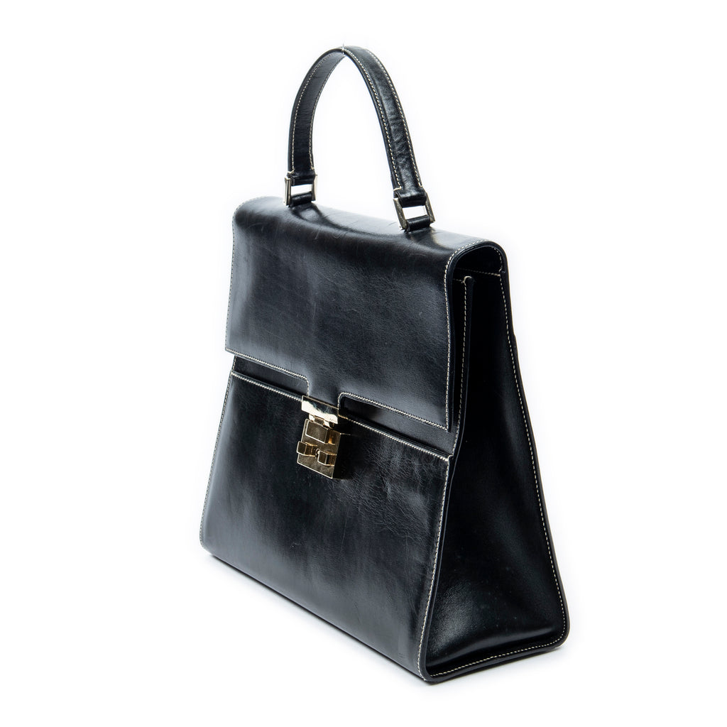 Shoulder Bag Vintage Push Lock Top Handle Black Smooth Calfskin Leather