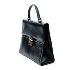 Shoulder Bag Vintage Push Lock Top Handle Black Smooth Calfskin Leather