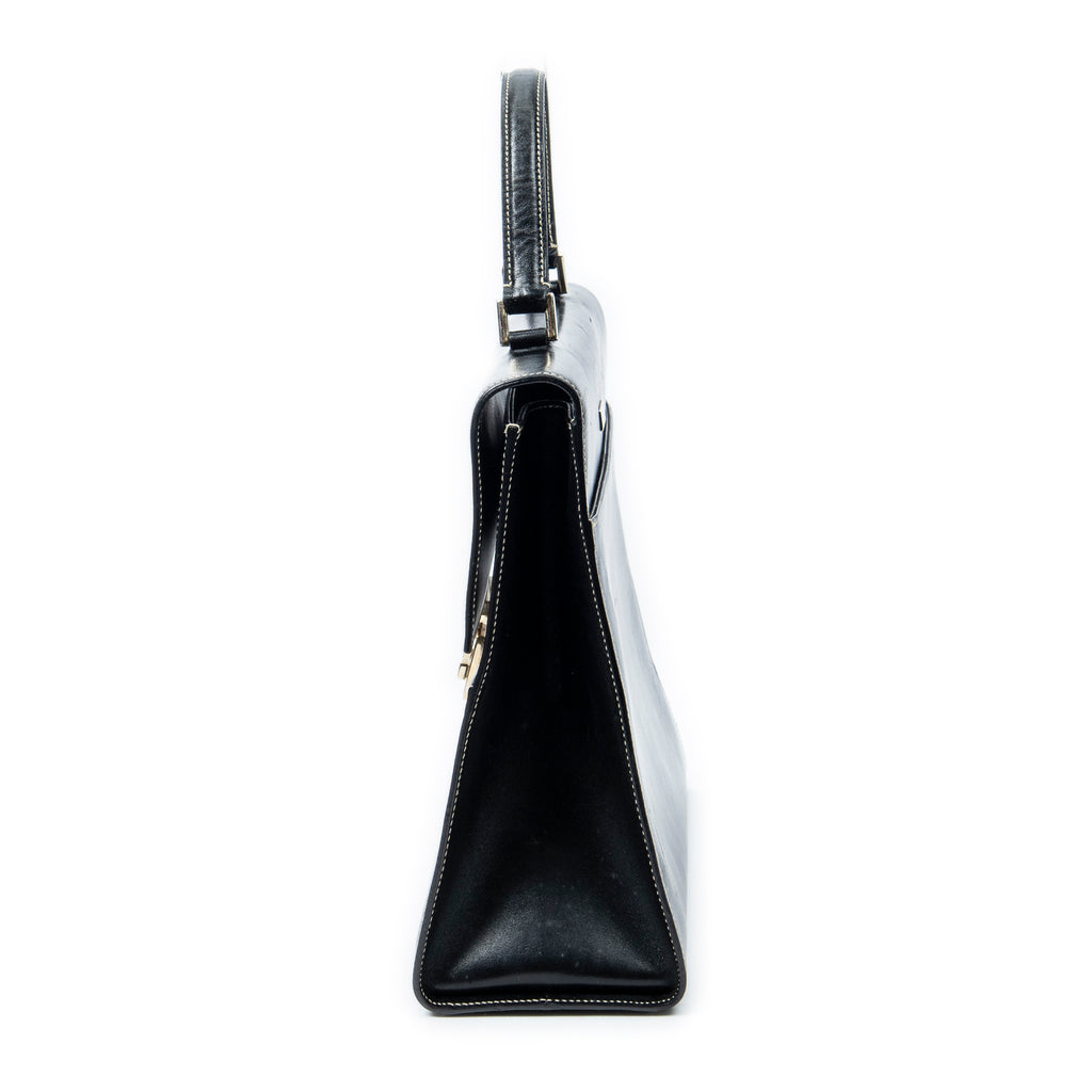 Shoulder Bag Vintage Push Lock Top Handle Black Smooth Calfskin Leather