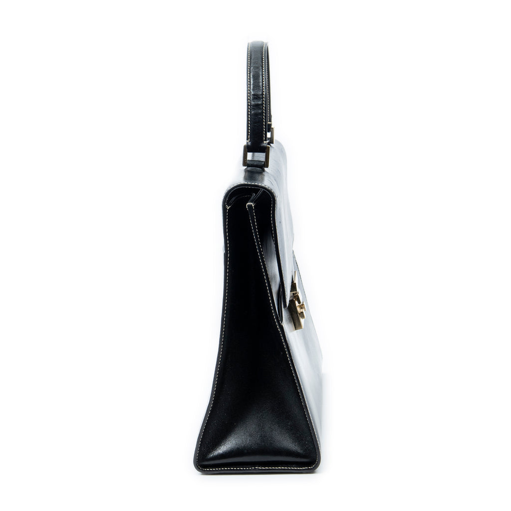 Shoulder Bag Vintage Push Lock Top Handle Black Smooth Calfskin Leather