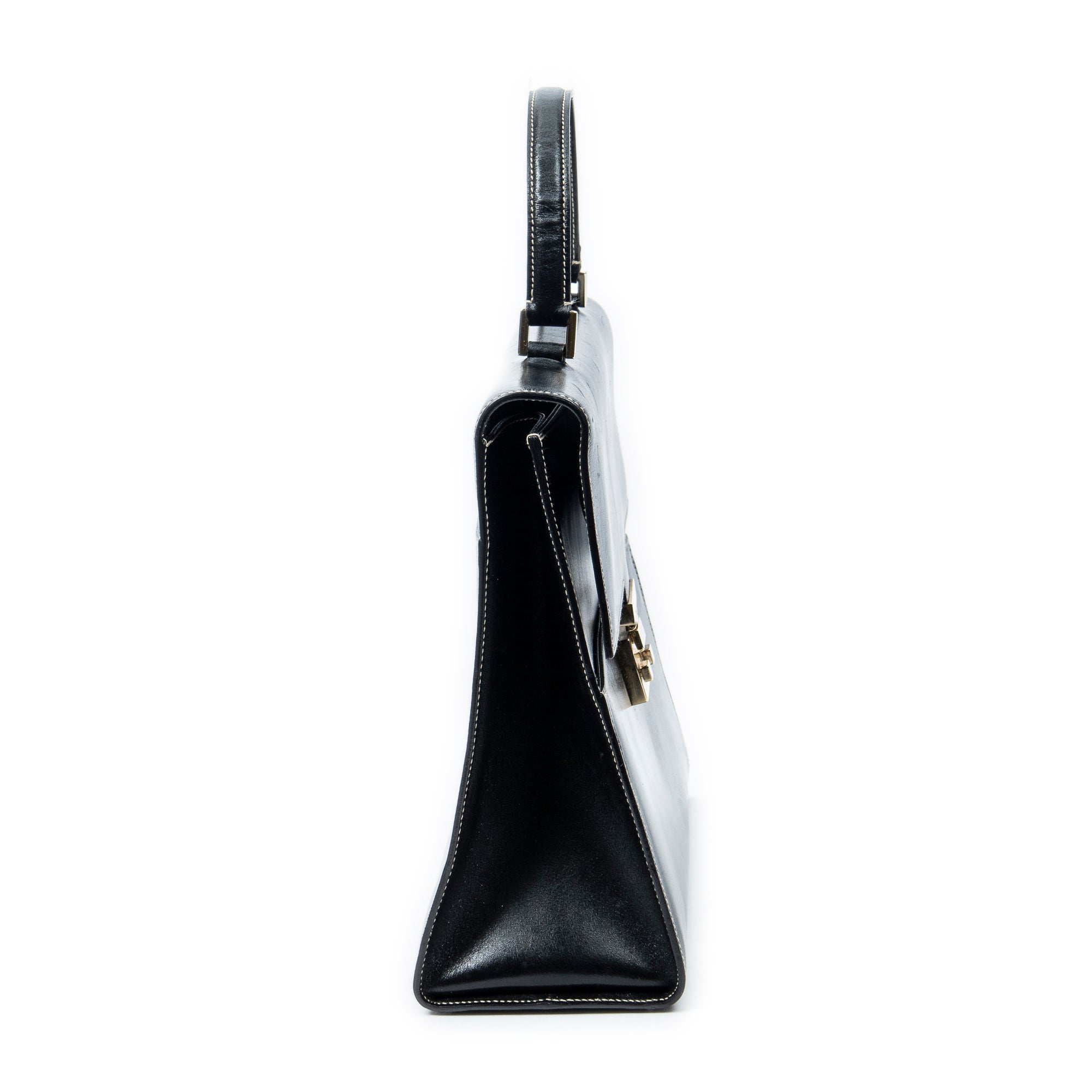 Shoulder Bag Vintage Push Lock Top Handle Black Smooth Calfskin Leather