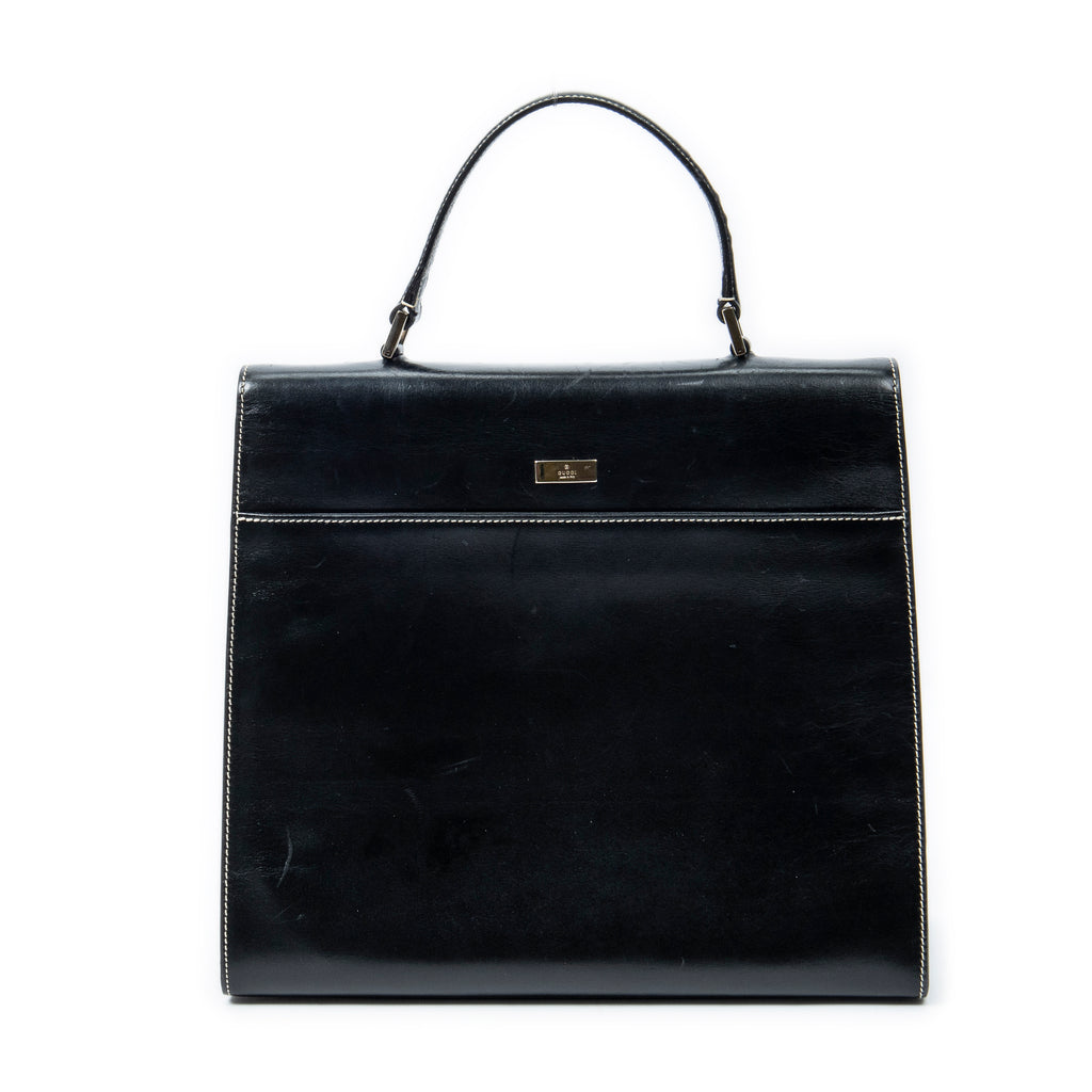 Shoulder Bag Vintage Push Lock Top Handle Black Smooth Calfskin Leather