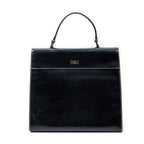 Shoulder Bag Vintage Push Lock Top Handle Black Smooth Calfskin Leather