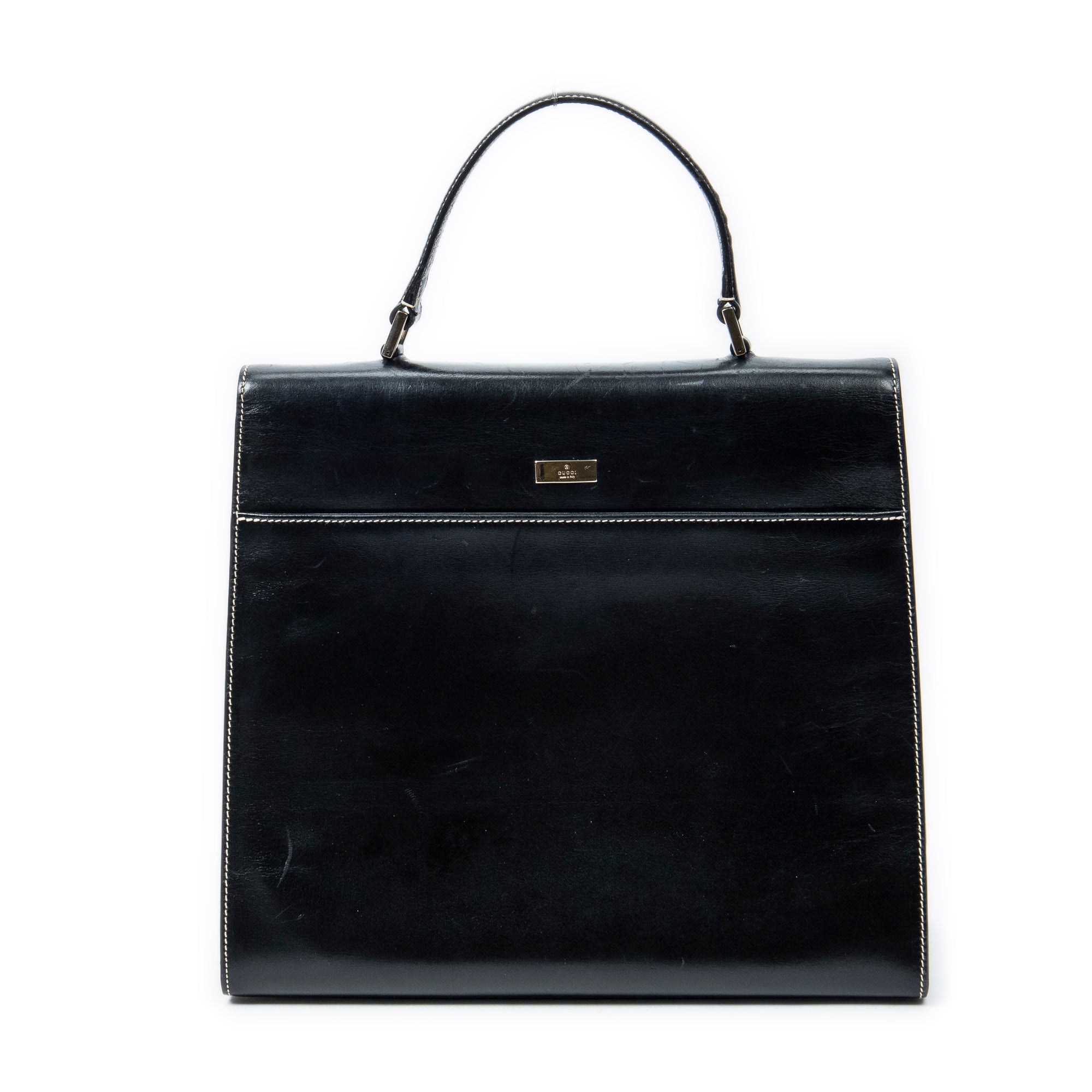 Shoulder Bag Vintage Push Lock Top Handle Black Smooth Calfskin Leather