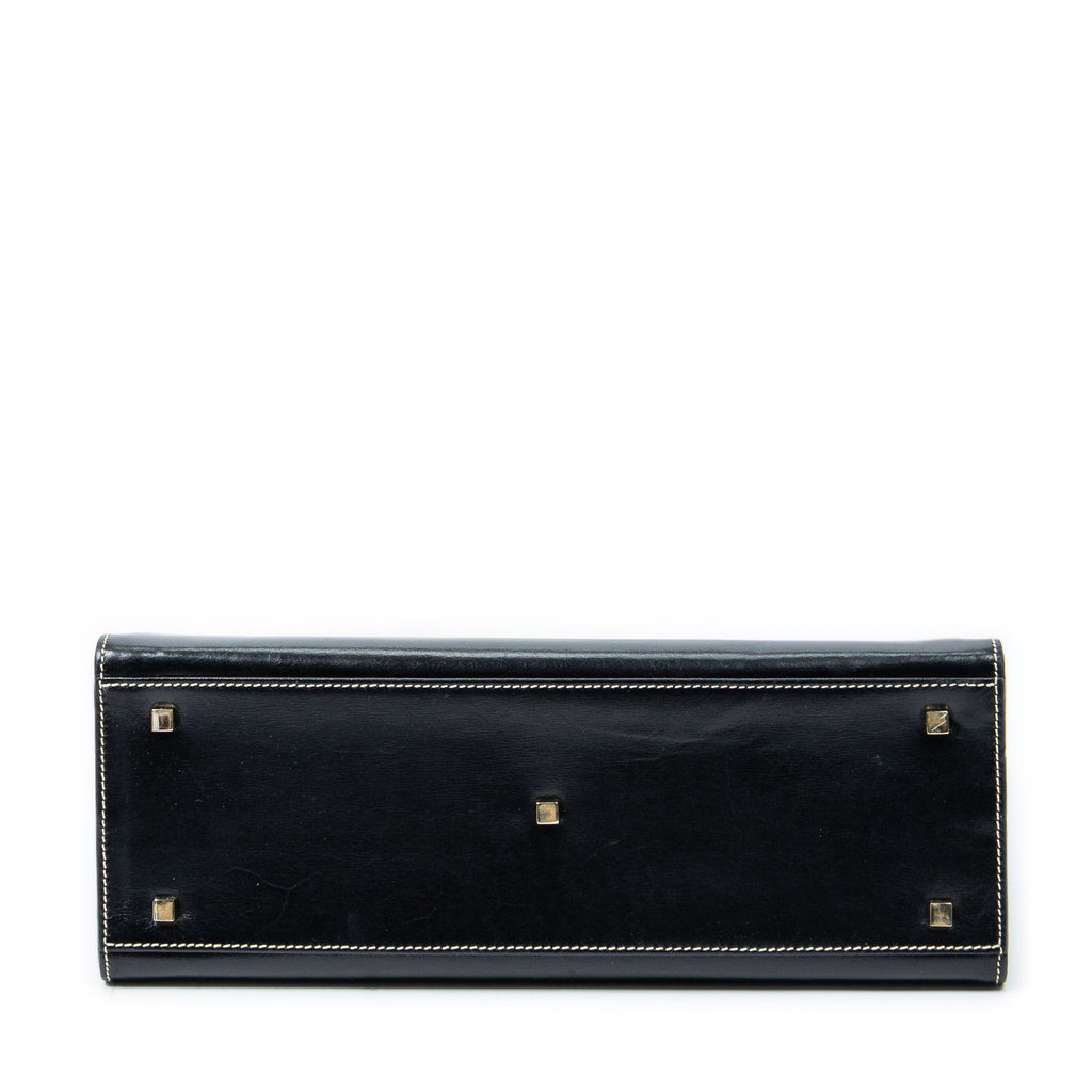 Shoulder Bag Vintage Push Lock Top Handle Black Smooth Calfskin Leather