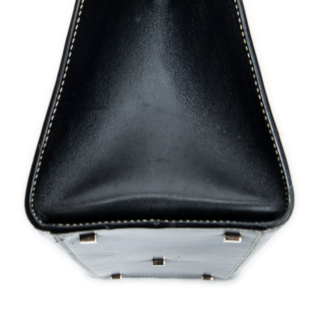 Shoulder Bag Vintage Push Lock Top Handle Black Smooth Calfskin Leather