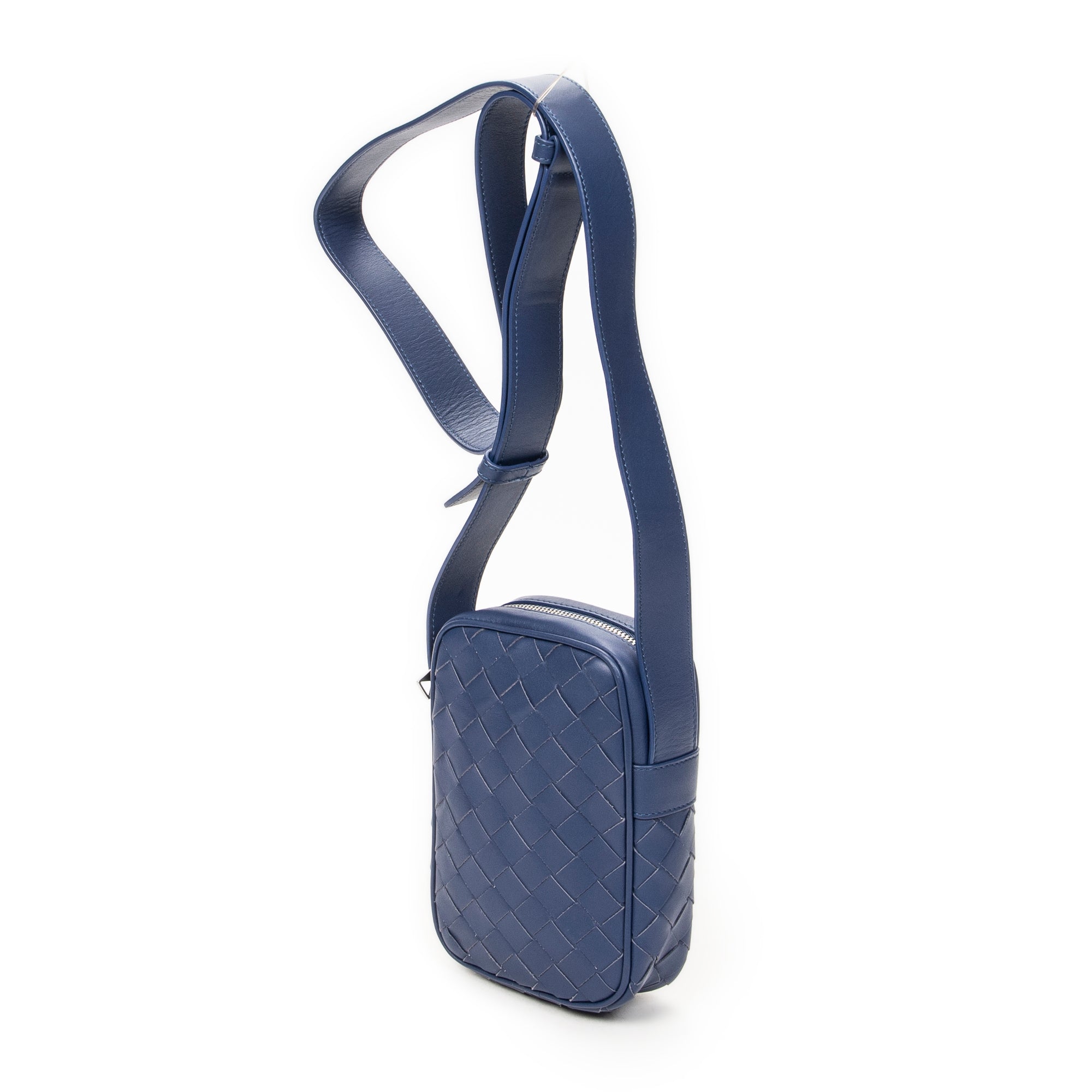 Shoulder Bag Phone Pouch Crossbody Blue Intrecciato Leather