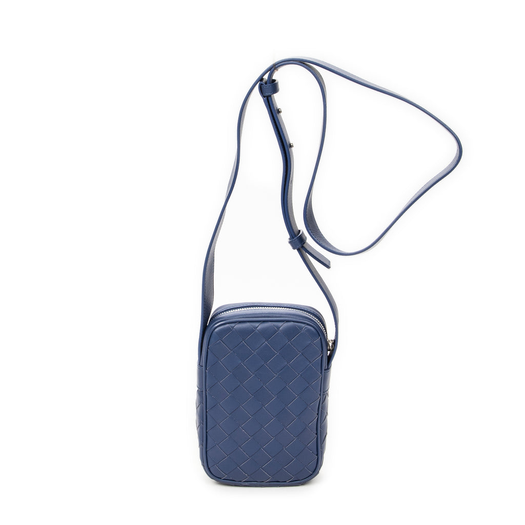 Shoulder Bag Phone Pouch Crossbody Blue Intrecciato Leather