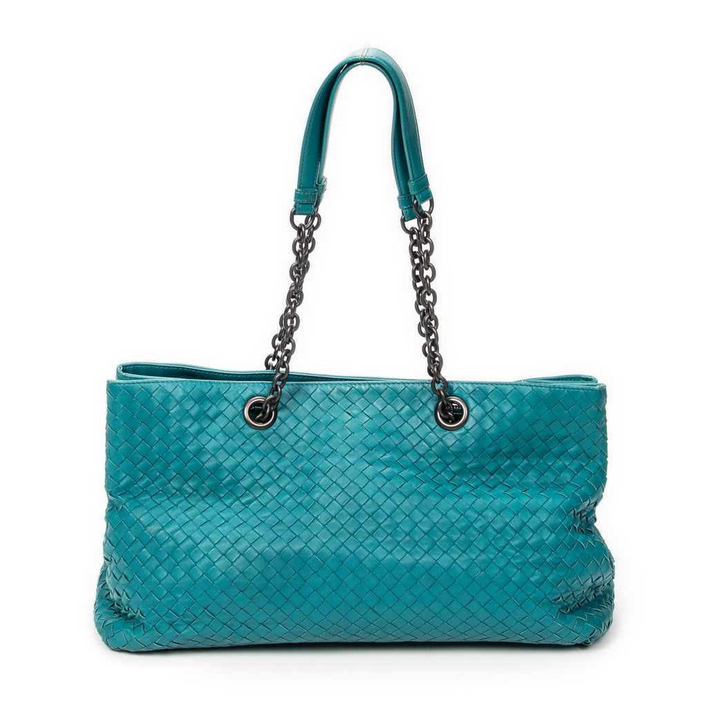 Shoulder Bag Chain Shopping Tote Teal Intrecciato Leather