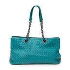 Shoulder Bag Chain Shopping Tote Teal Intrecciato Leather