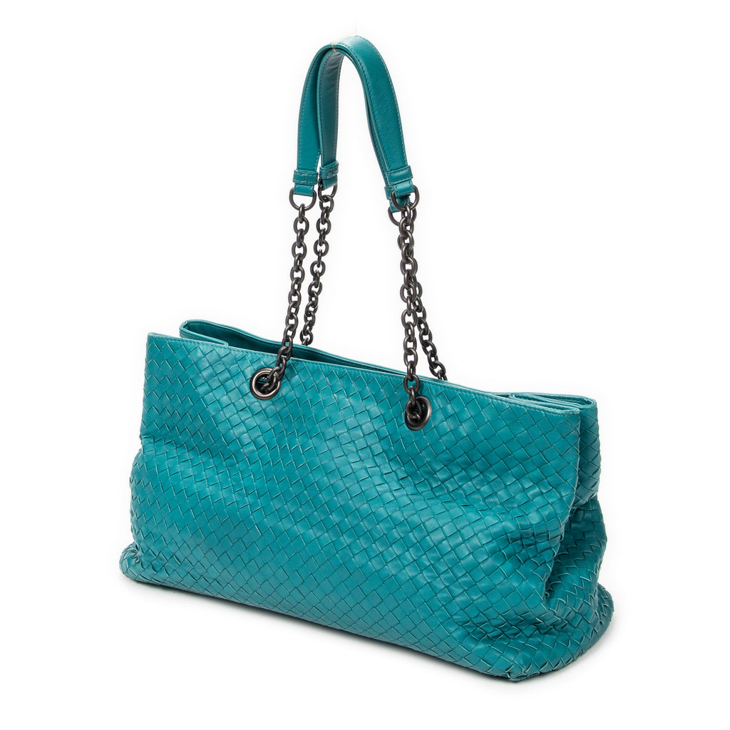 Shoulder Bag Chain Shopping Tote Teal Intrecciato Leather