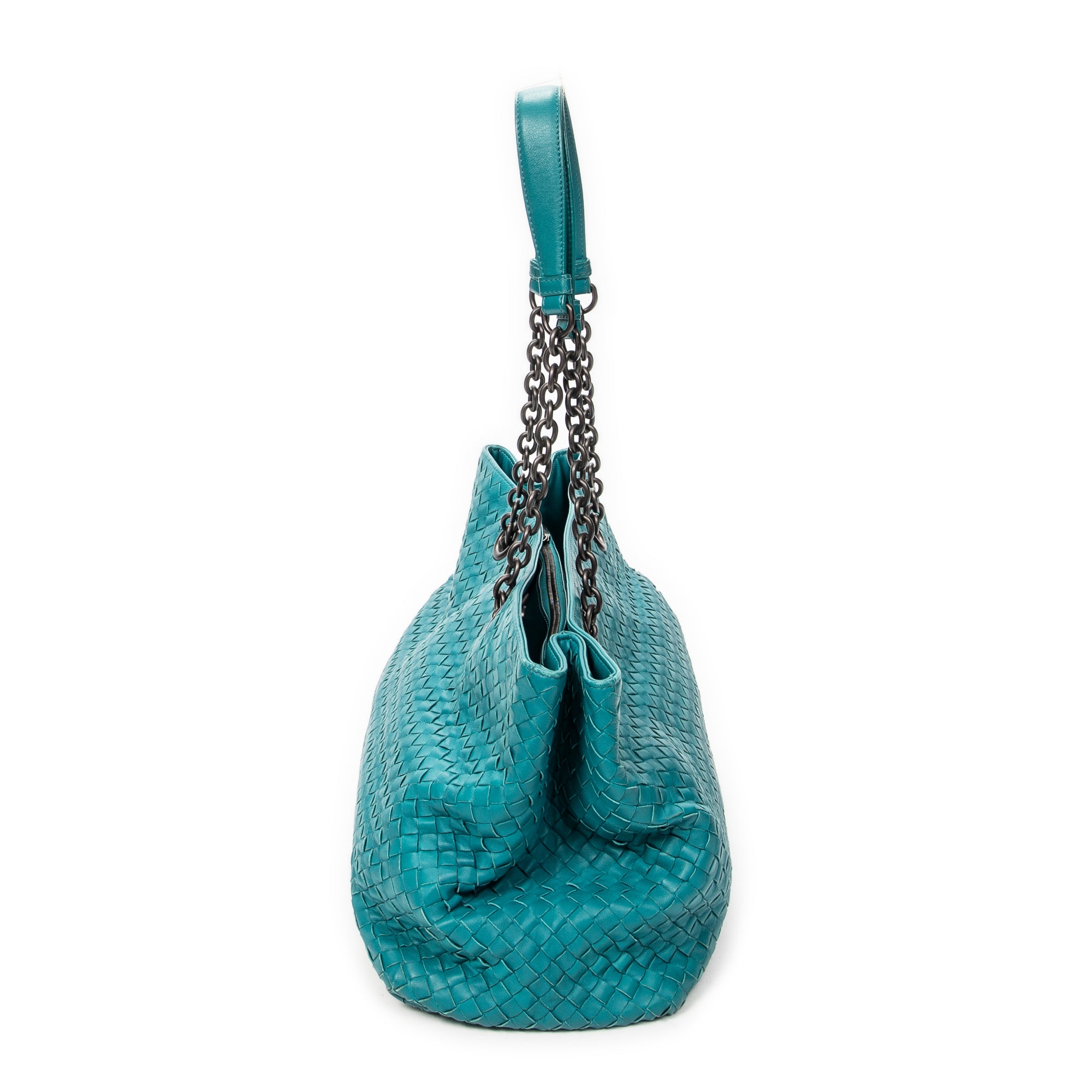 Shoulder Bag Chain Shopping Tote Teal Intrecciato Leather