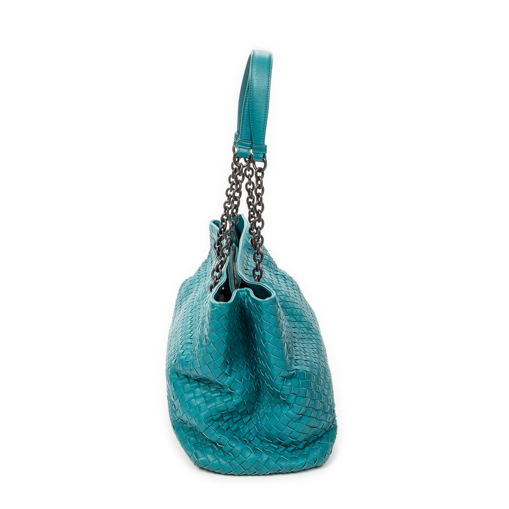Shoulder Bag Chain Shopping Tote Teal Intrecciato Leather