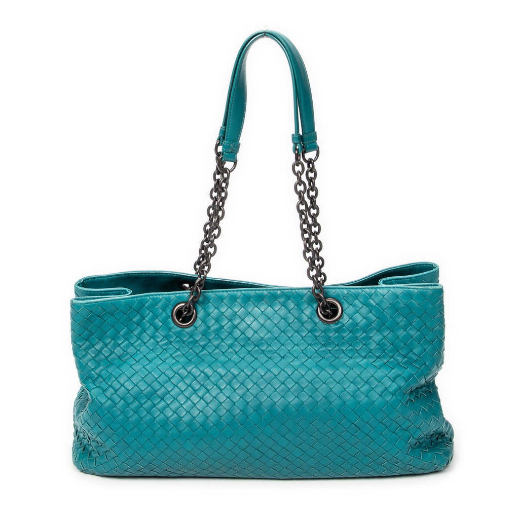 Shoulder Bag Chain Shopping Tote Teal Intrecciato Leather