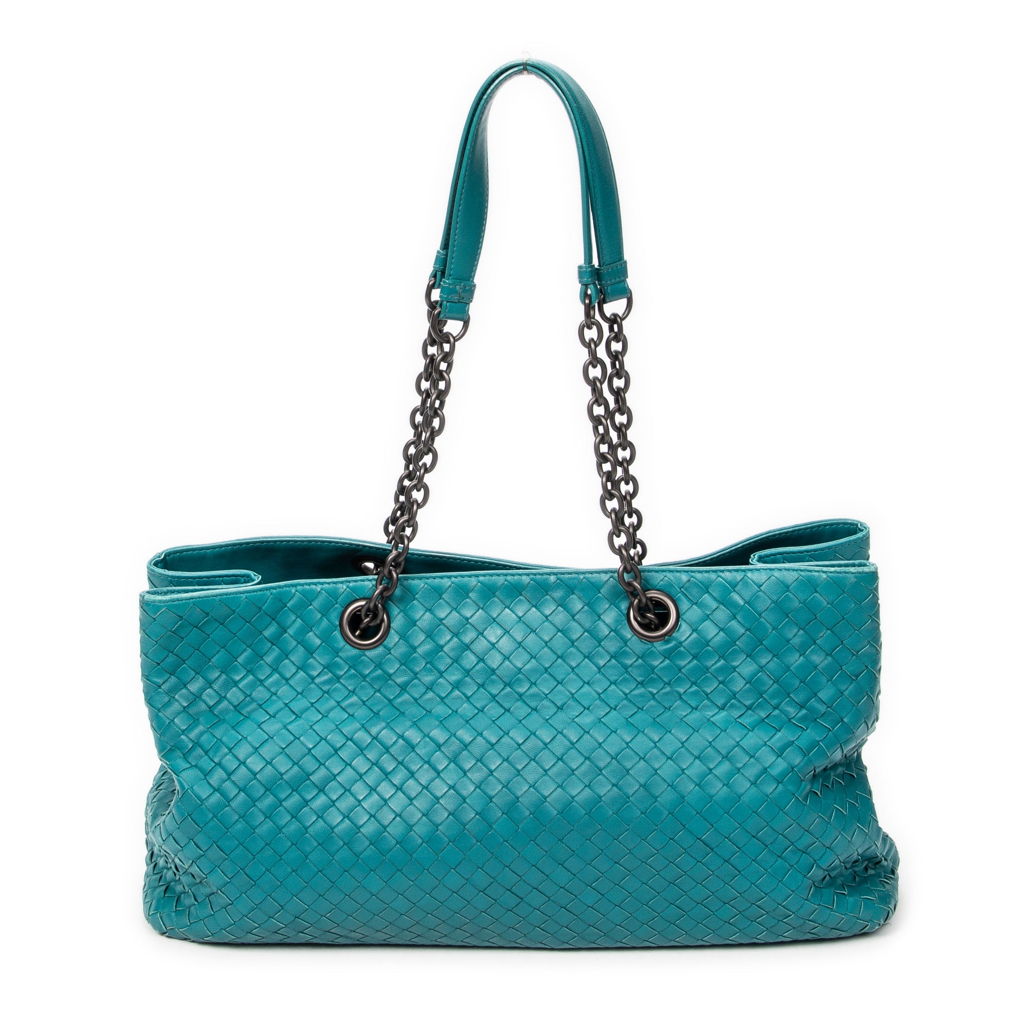Shoulder Bag Chain Shopping Tote Teal Intrecciato Leather