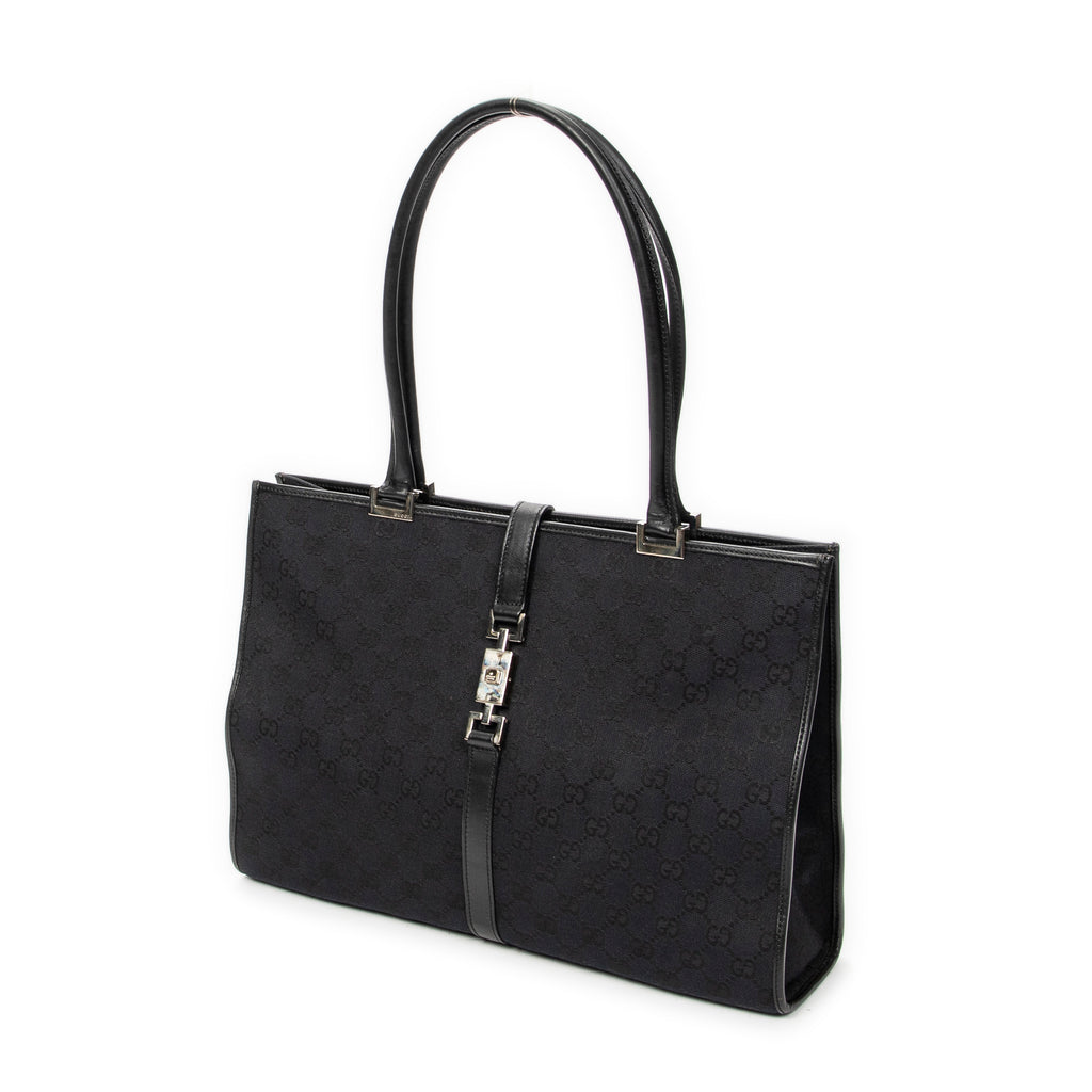 Bolso de hombro cuadrado grande de lona negra con monograma