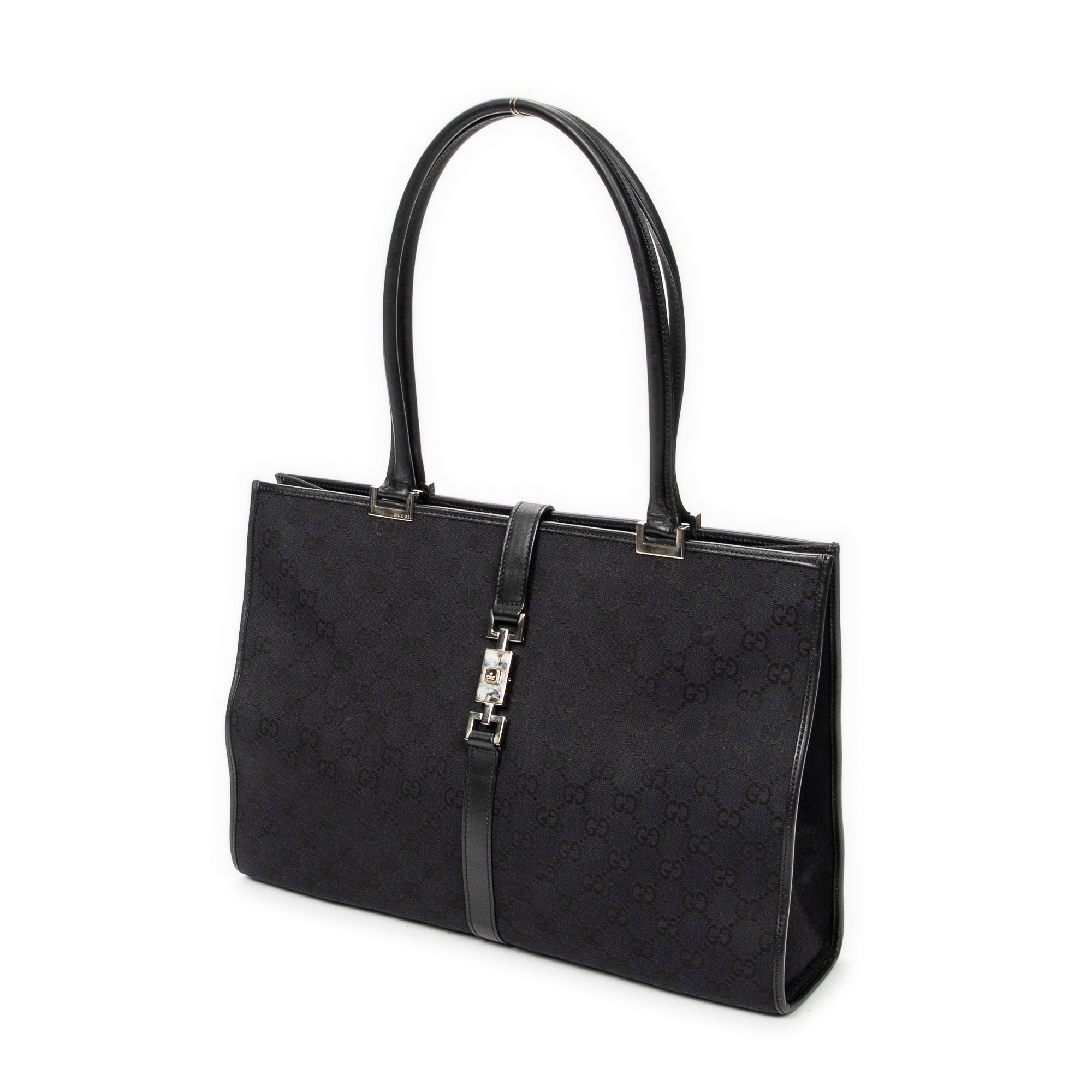 Bolso de hombro cuadrado grande de lona negra con monograma