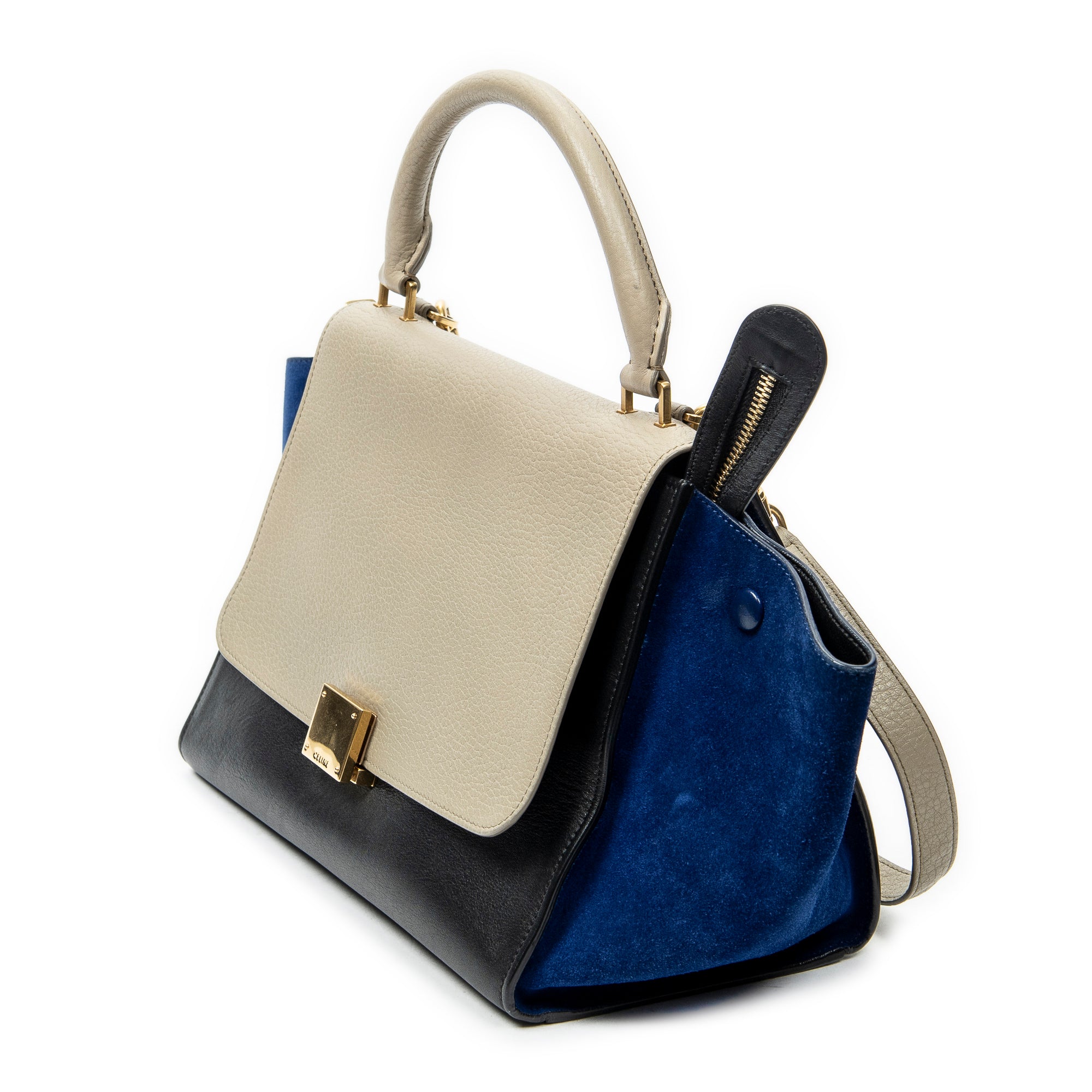 Shoulder Bag Small Tricolor Trapeze Black Calfskin Leather
