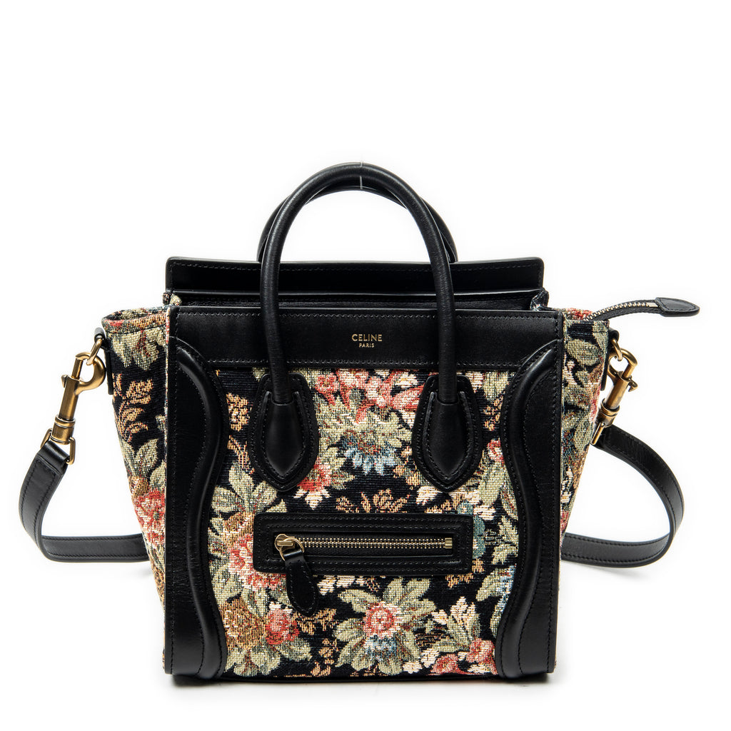 Shoulder Bag Nano Luggage Black Flower Print Embroidered Canvas