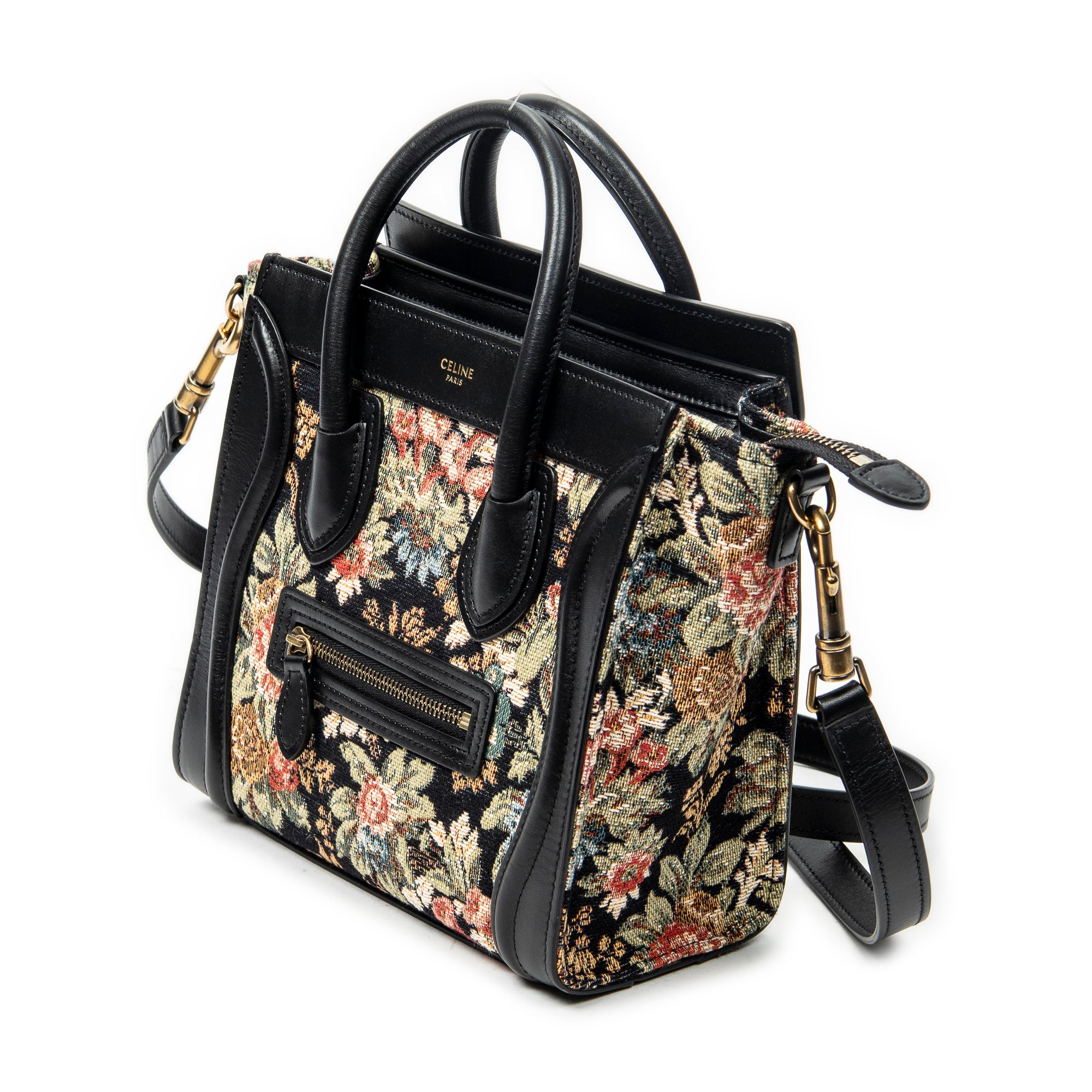 Shoulder Bag Nano Luggage Black Flower Print Embroidered Canvas