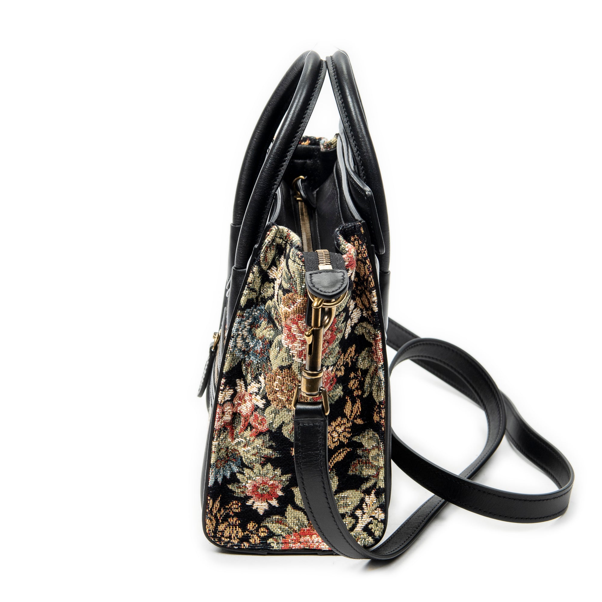 Shoulder Bag Nano Luggage Black Flower Print Embroidered Canvas