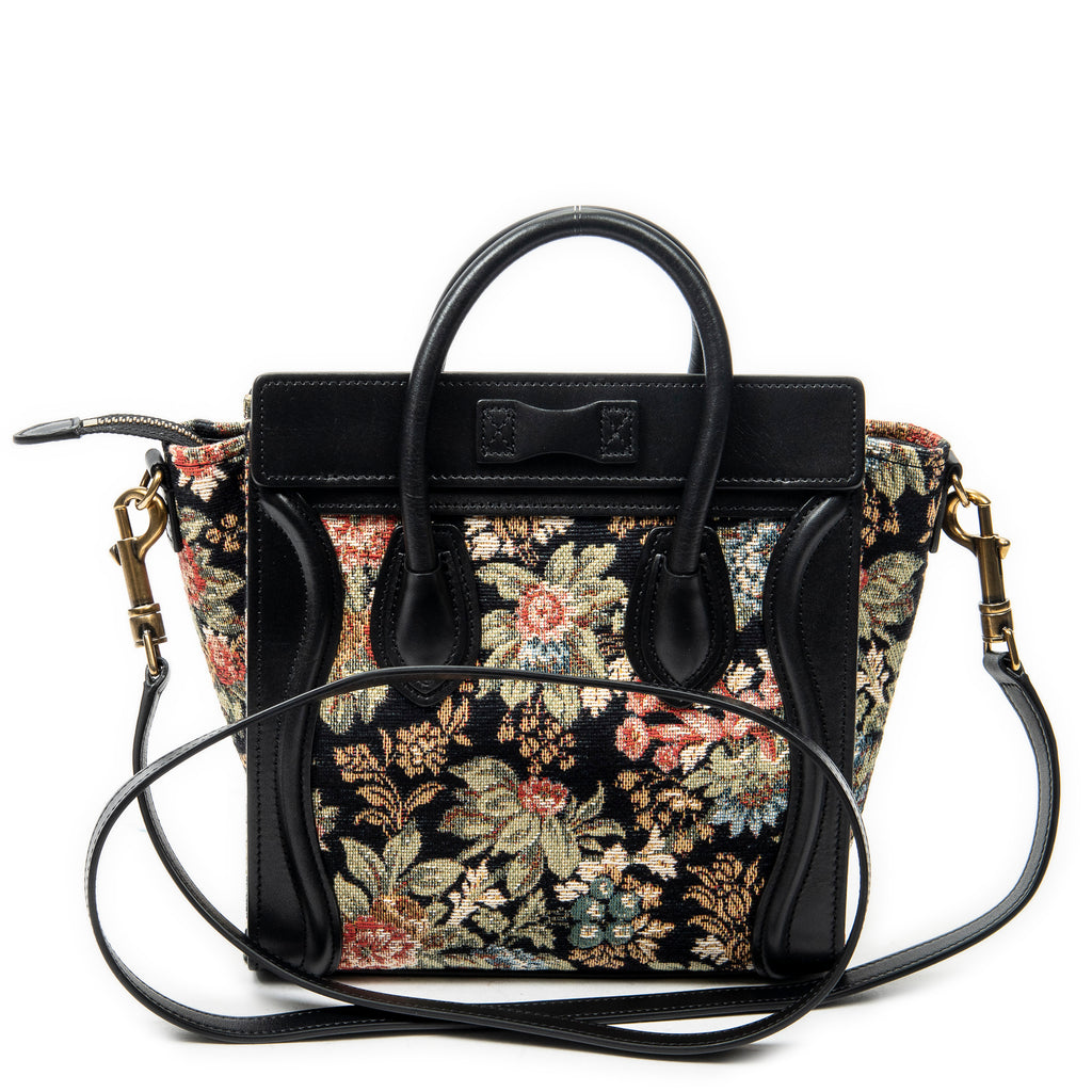 Shoulder Bag Nano Luggage Black Flower Print Embroidered Canvas