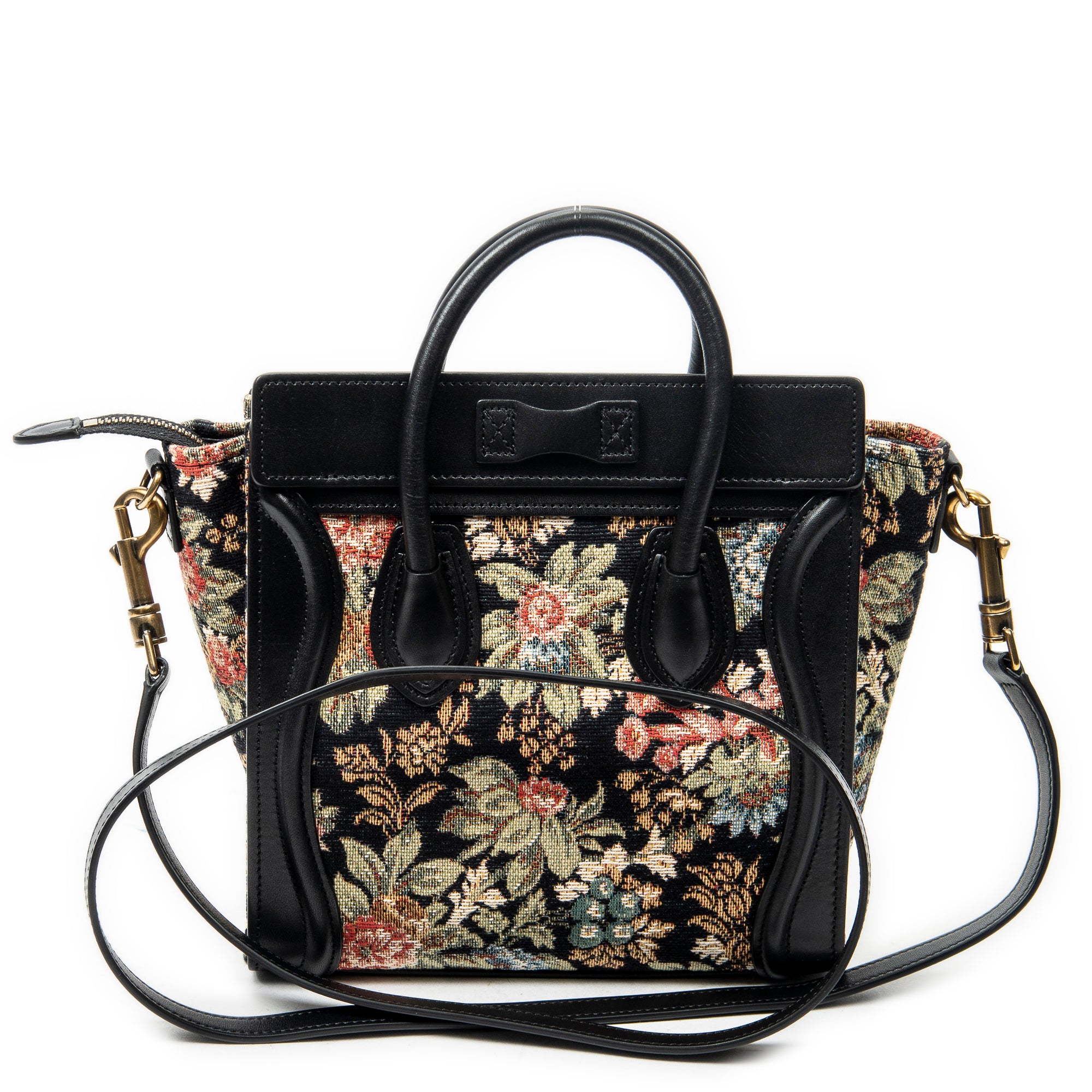 Shoulder Bag Nano Luggage Black Flower Print Embroidered Canvas