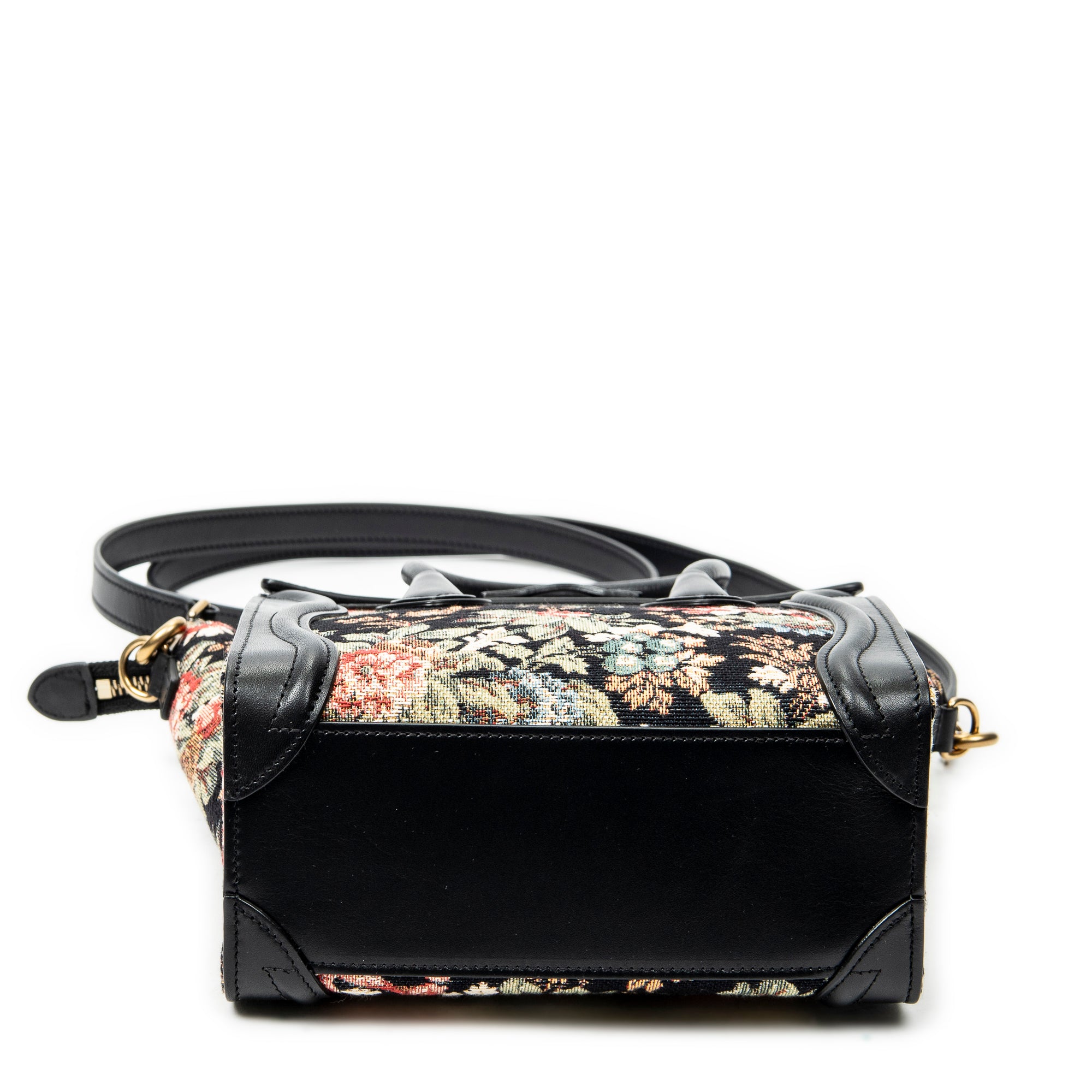 Shoulder Bag Nano Luggage Black Flower Print Embroidered Canvas