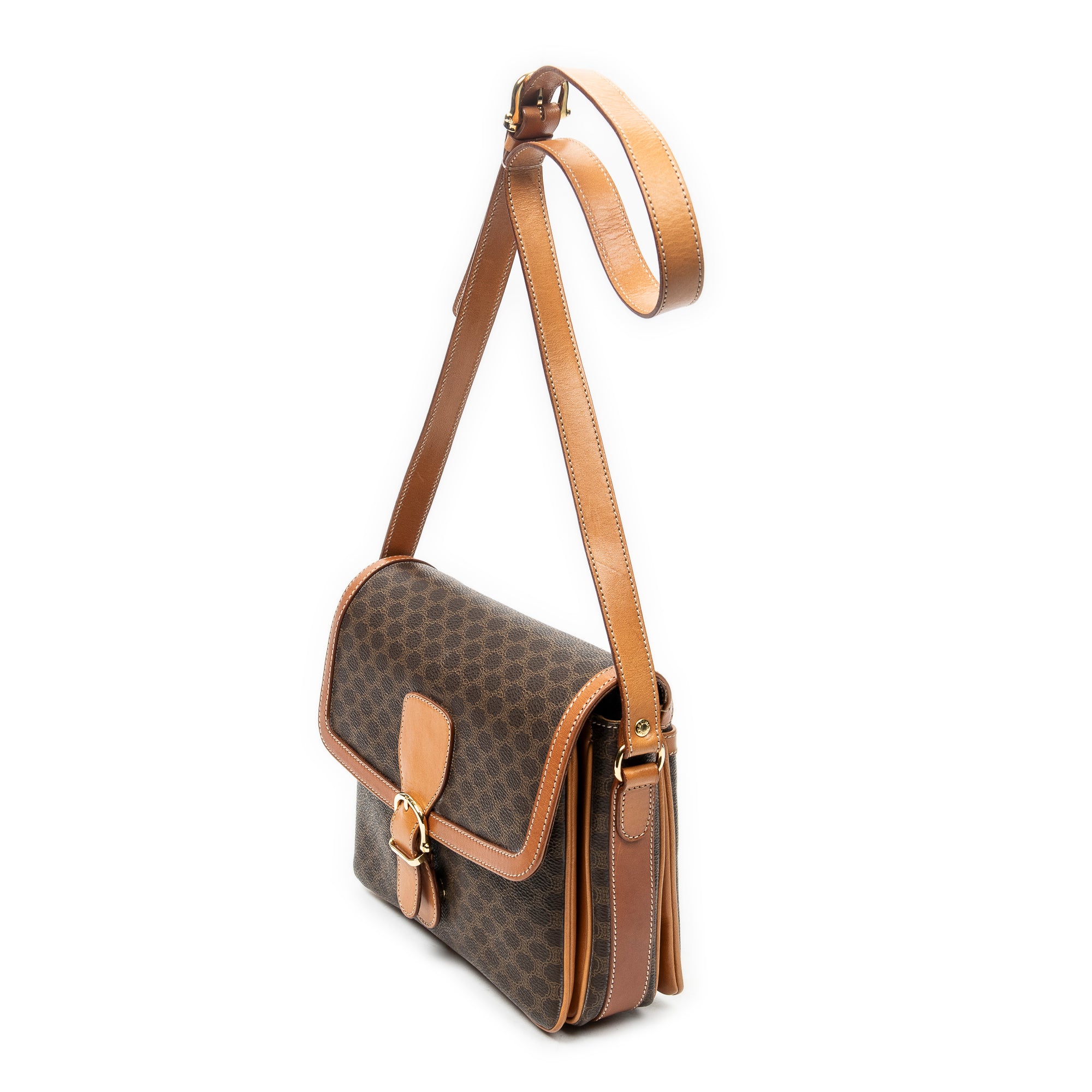 Shoulder Bag Vintage Buckle Flap Crossbody Brown Macadam Coated Canvas