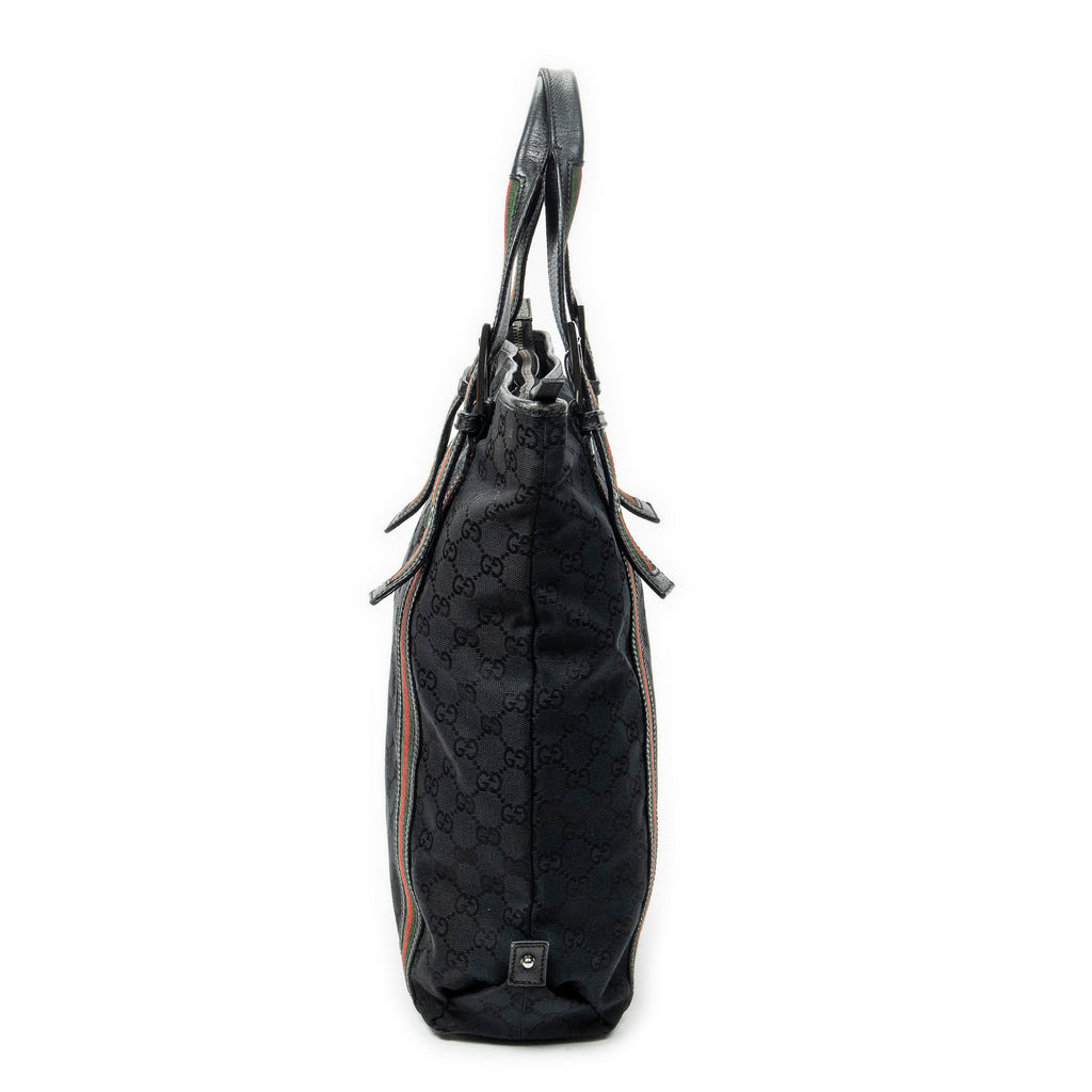 Shoulder Bag Web Buckle Vertical Tote Black Monogrammed Canvas