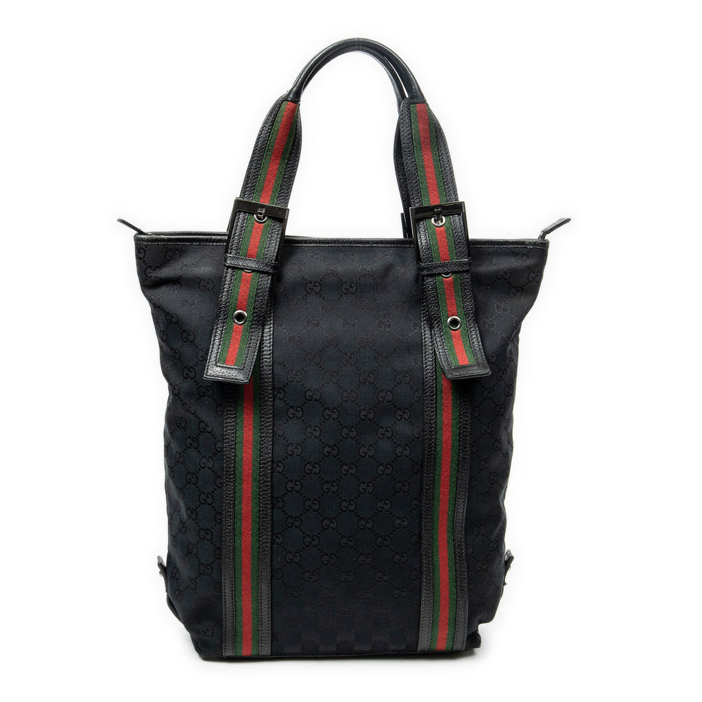 Shoulder Bag Web Buckle Vertical Tote Black Monogrammed Canvas