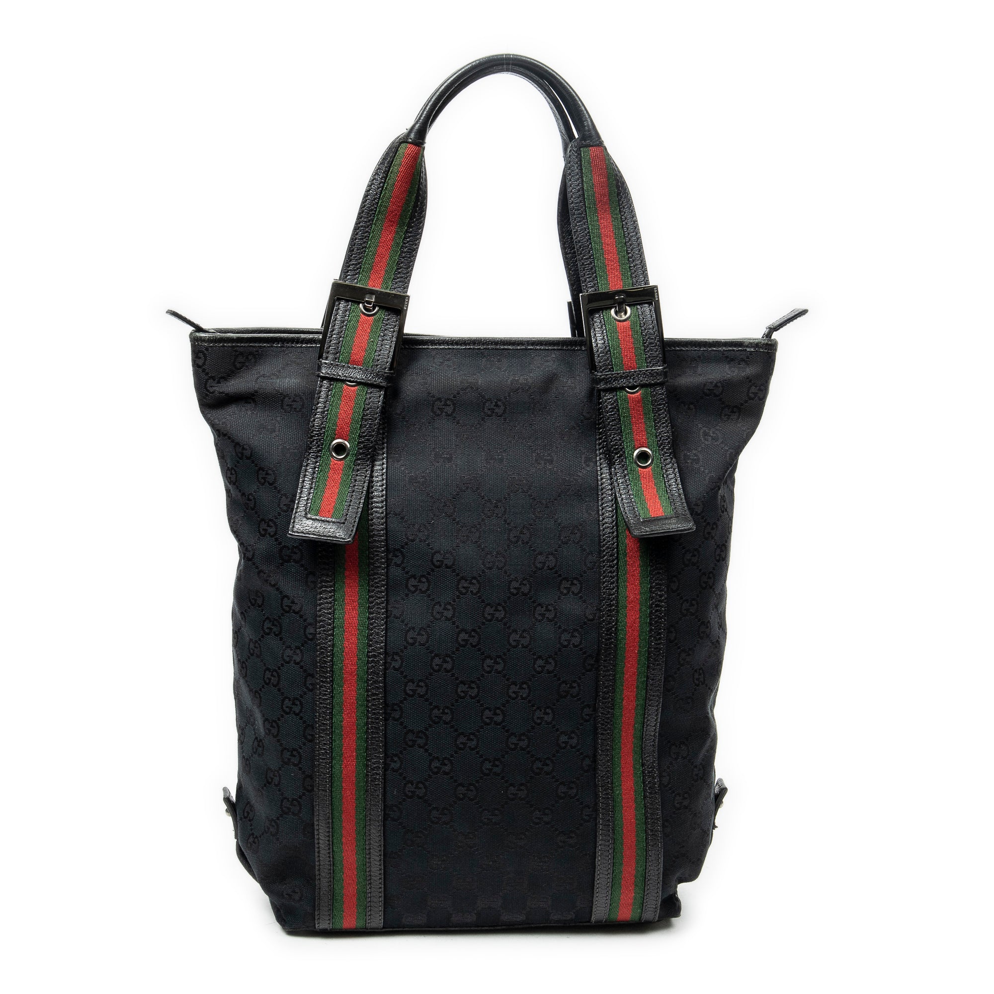 Shoulder Bag Web Buckle Vertical Tote Black Monogrammed Canvas