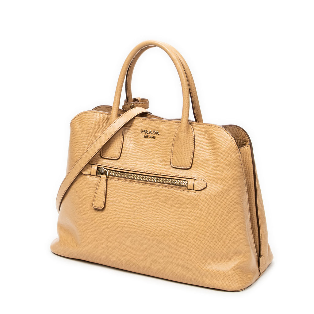 Shoulder Bag Front Pocket Dome Tote Beige Saffiano Leather