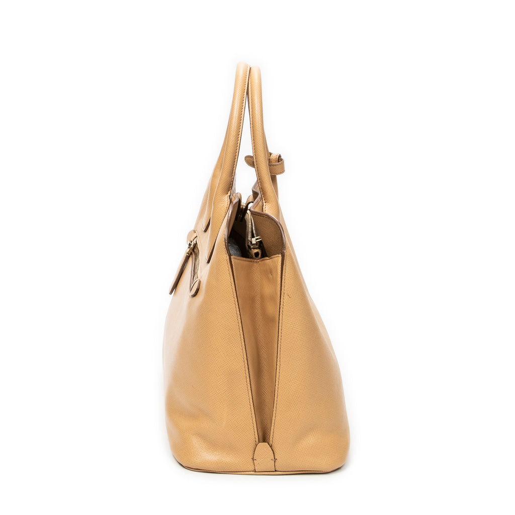 Shoulder Bag Front Pocket Dome Tote Beige Saffiano Leather