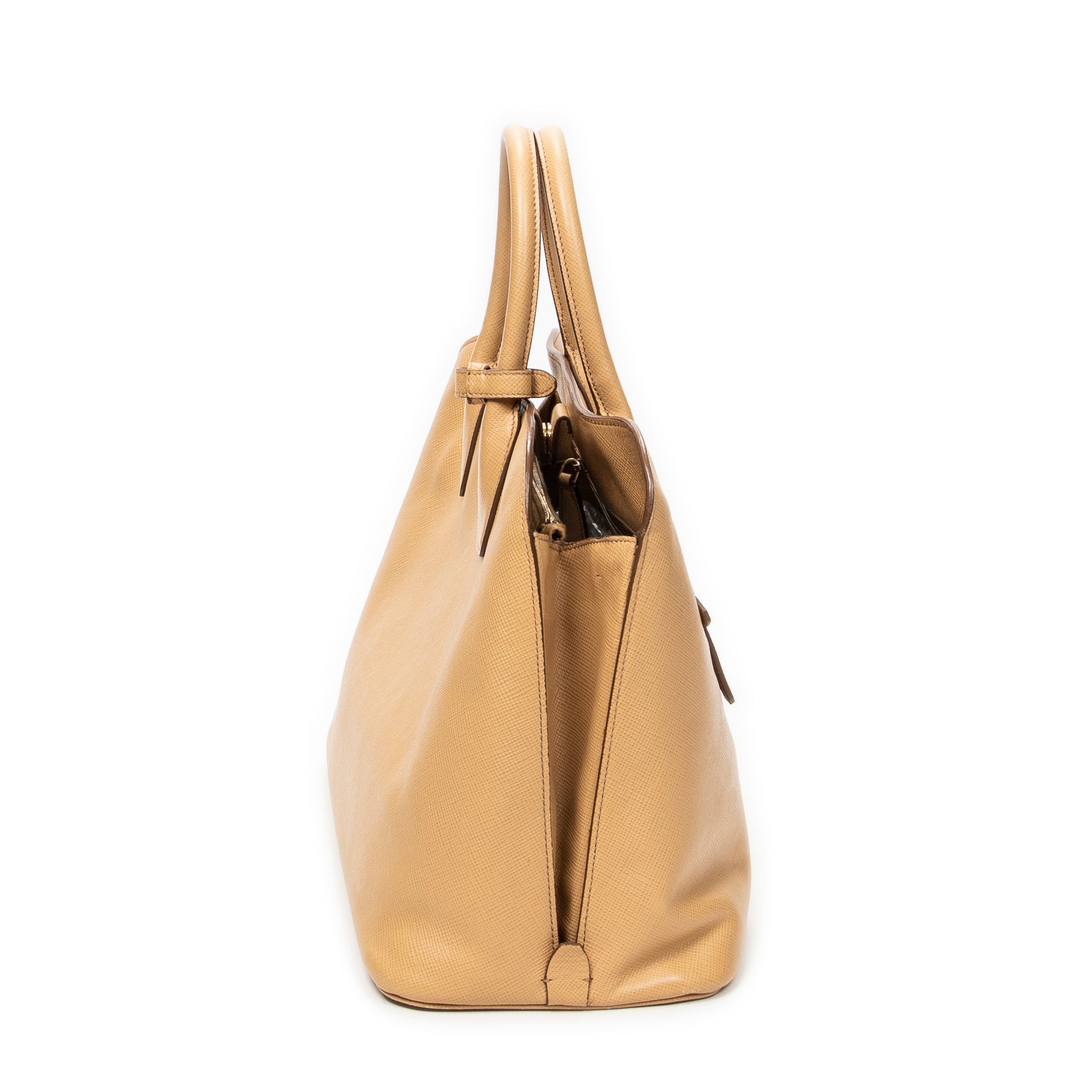 Shoulder Bag Front Pocket Dome Tote Beige Saffiano Leather