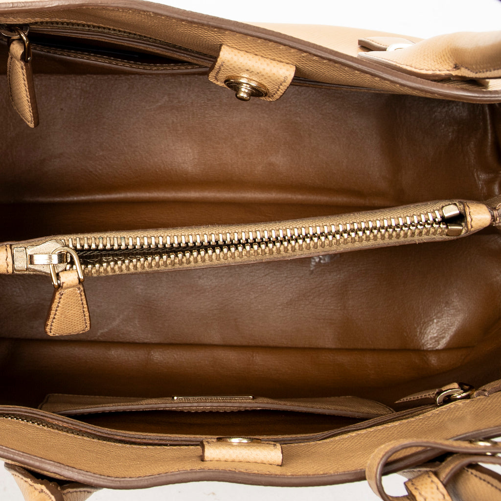 Shoulder Bag Front Pocket Dome Tote Beige Saffiano Leather