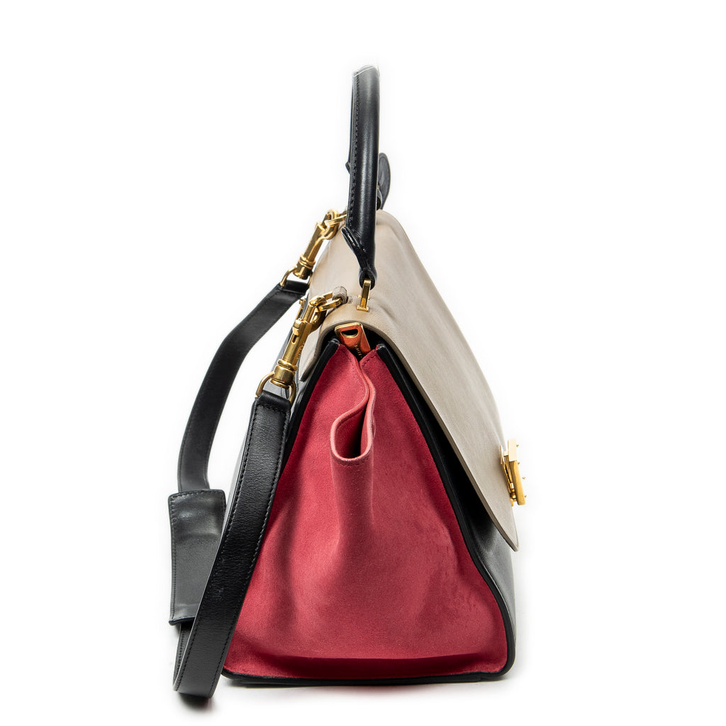 Shoulder Bag Small Tricolor Trapeze Black Calfskin Leather