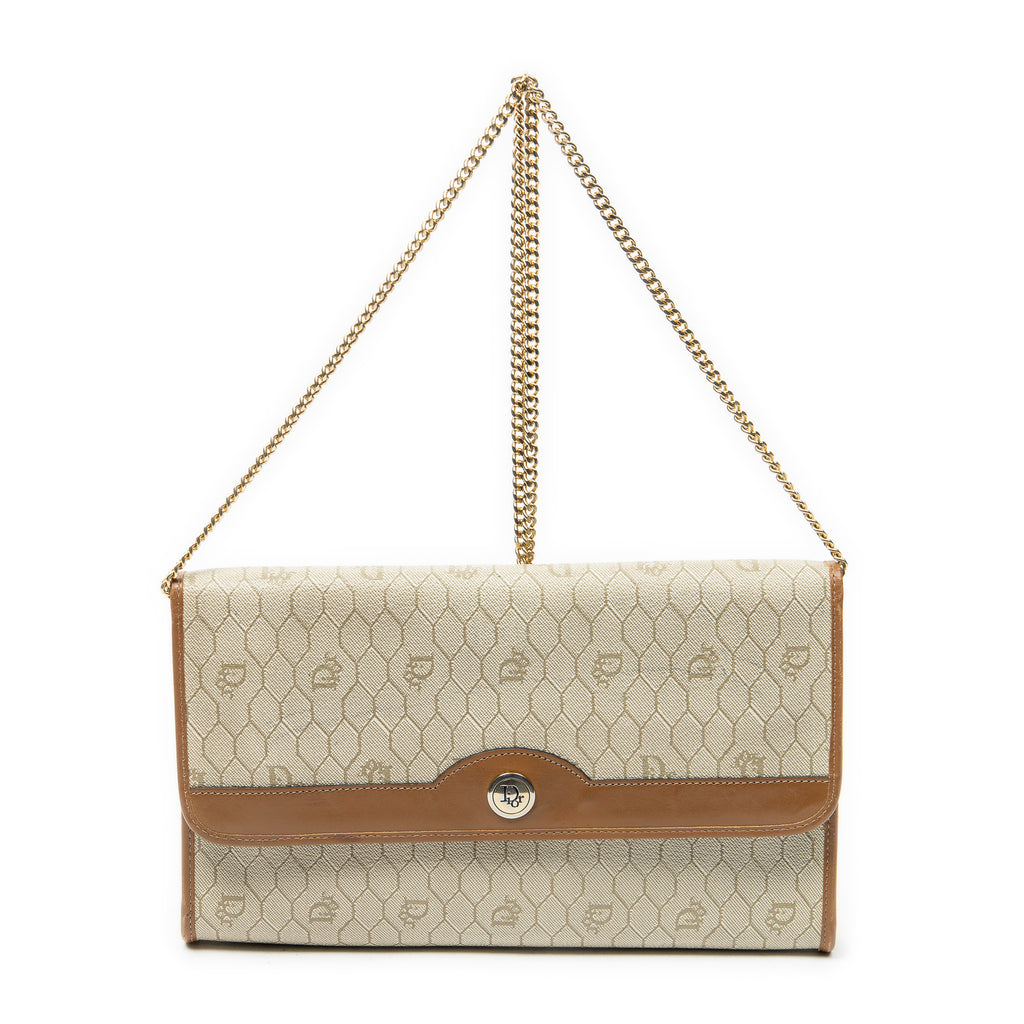 Shoulder Bag Vintage Flap Chain Clutch Beige Honeycomb Coated Canvas