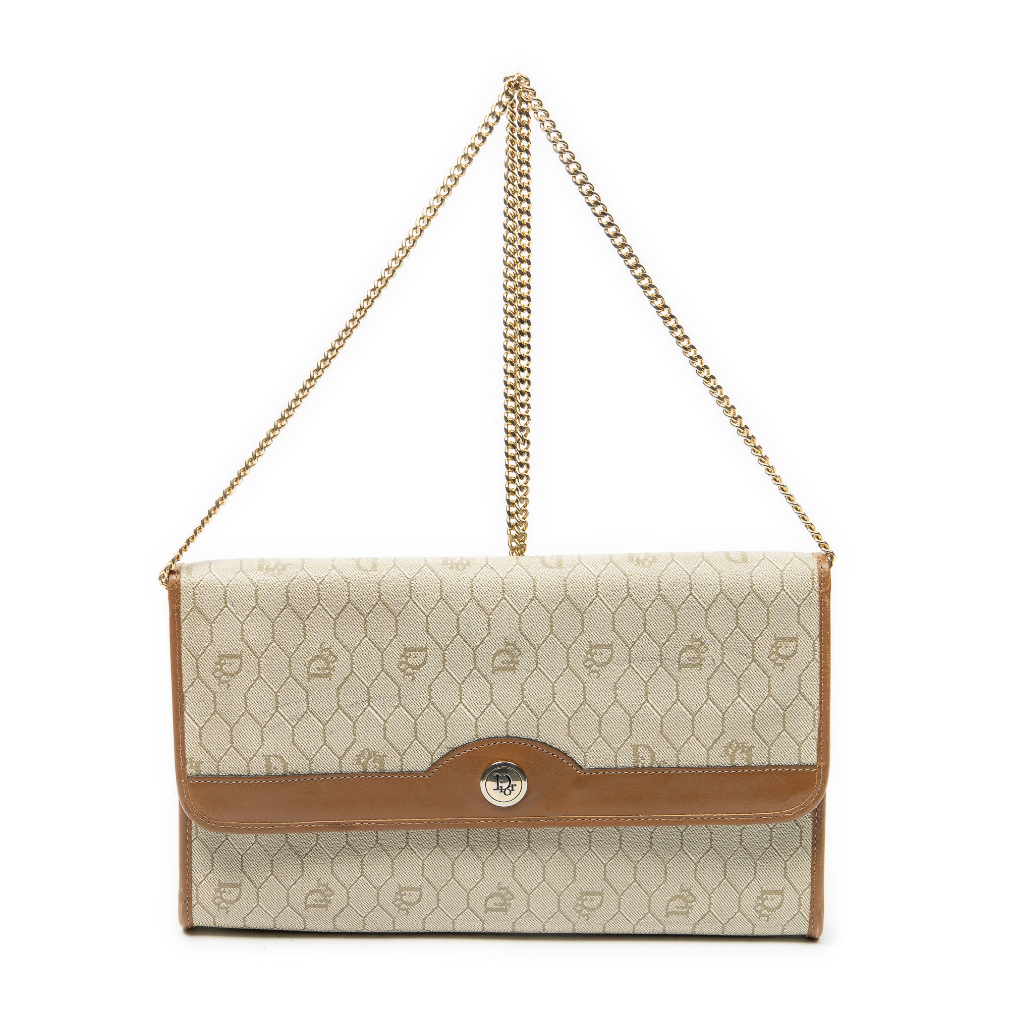 Shoulder Bag Vintage Flap Chain Clutch Beige Honeycomb Coated Canvas