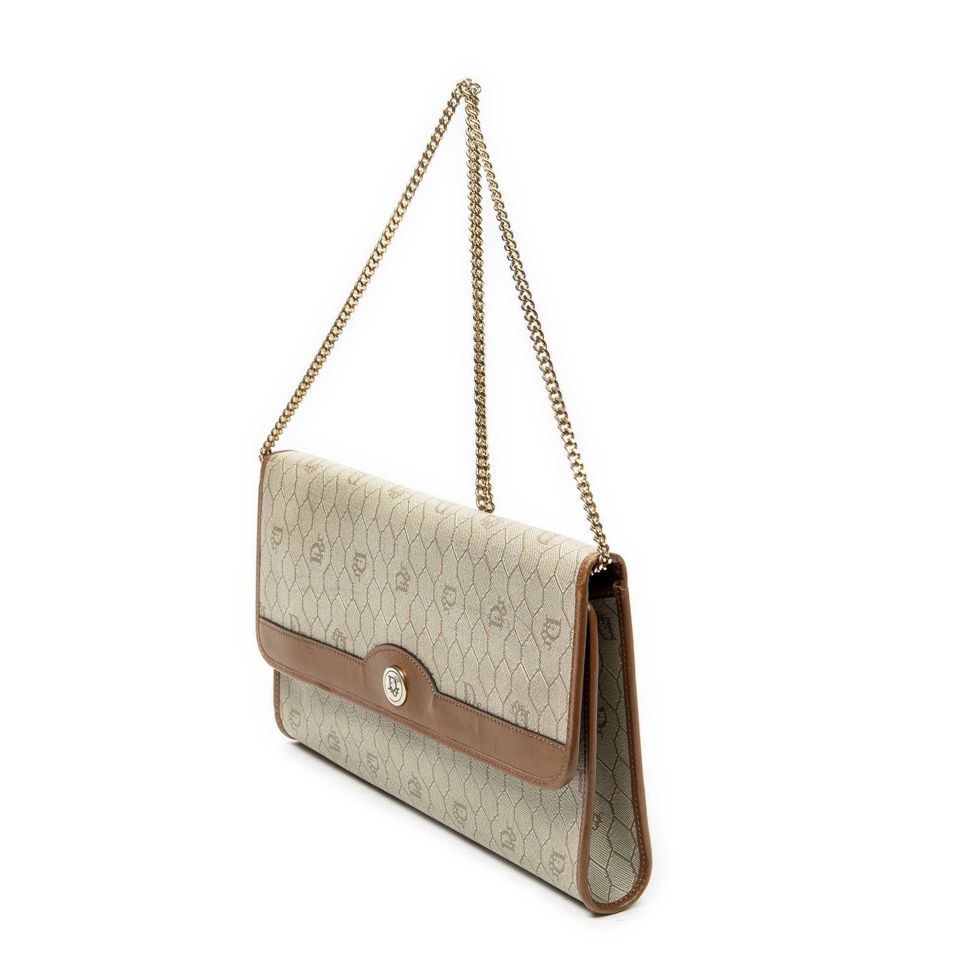 Shoulder Bag Vintage Flap Chain Clutch Beige Honeycomb Coated Canvas