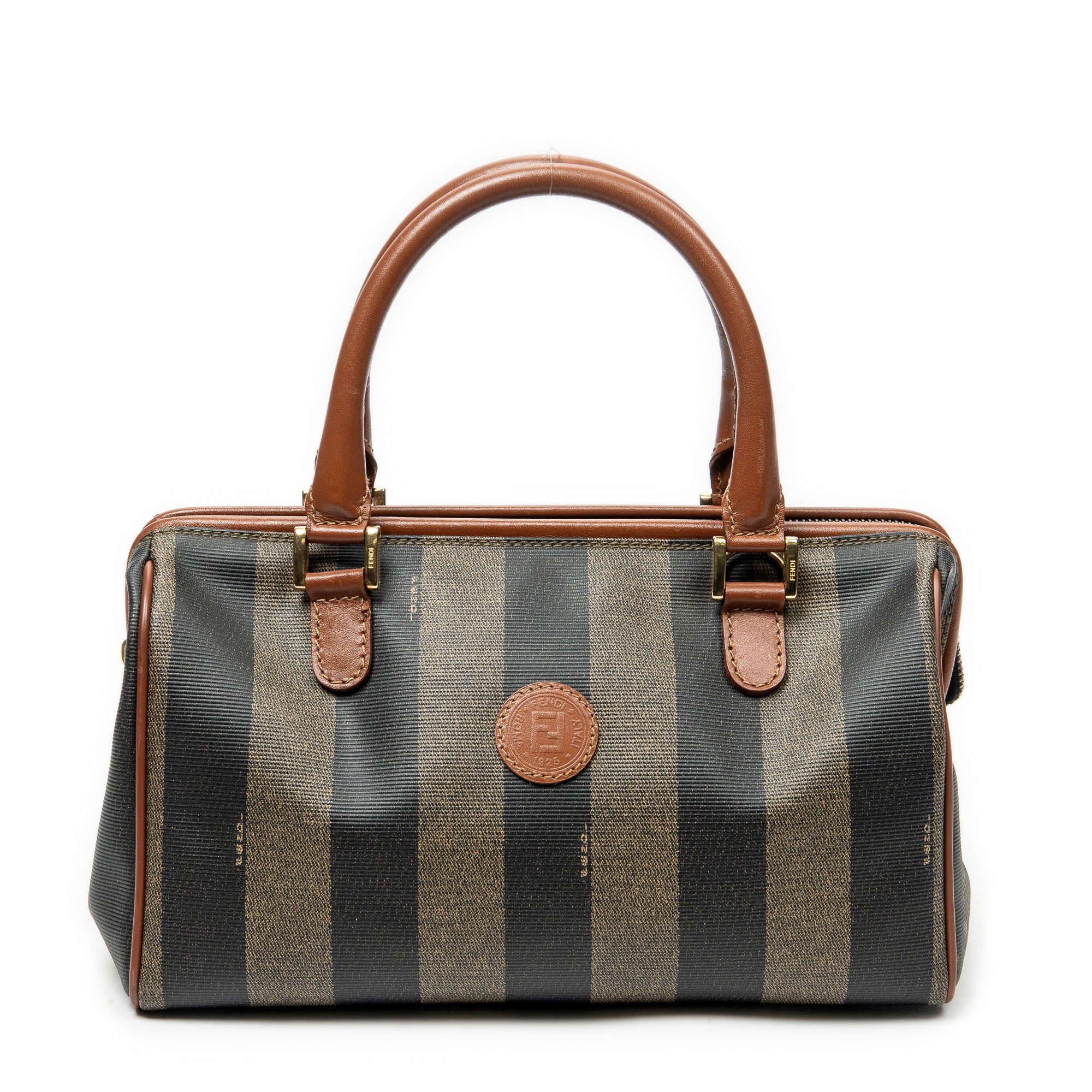 Handbag Small Boston Brown Pequin Coated Canvas