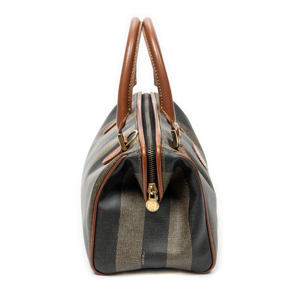 Handbag Small Boston Brown Pequin Coated Canvas